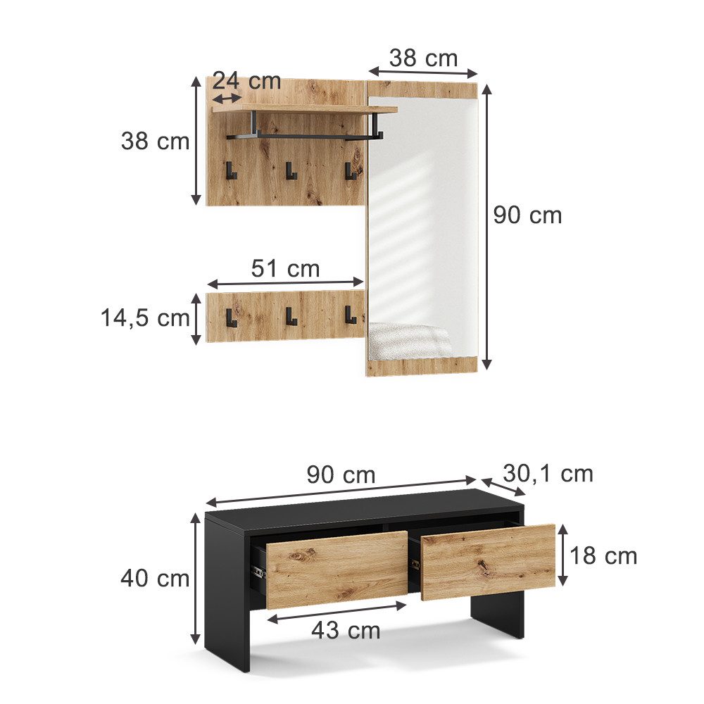 Vicco Garderoben-Set Selena, Anthrazit/Artisan, 90 x 40 cm 4 Teile günstig online kaufen