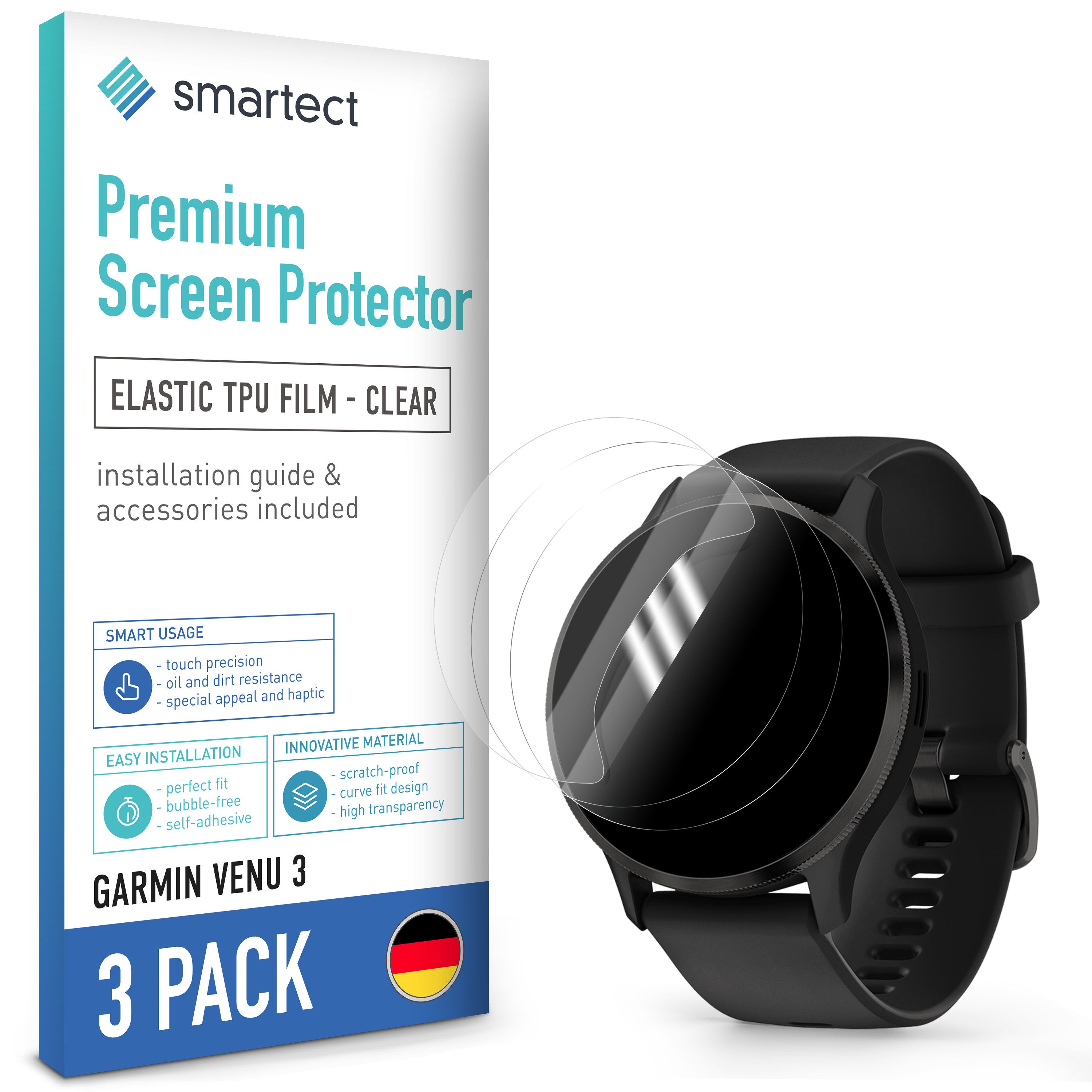 smartect Displayschutzfolie 3X TPU Schutzfolie Klar für Garmin Venu 3 für Garmin Venu 3, Set, 3 Stück, Ultra-klar, Kratzfest, Blasenfrei, Oleophob, Fingerabdruck kompatibel