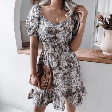 RUZU UG Dirndl Kleid Sommer Lässig Mode Blumen Lässig Rüschen Cordkleid