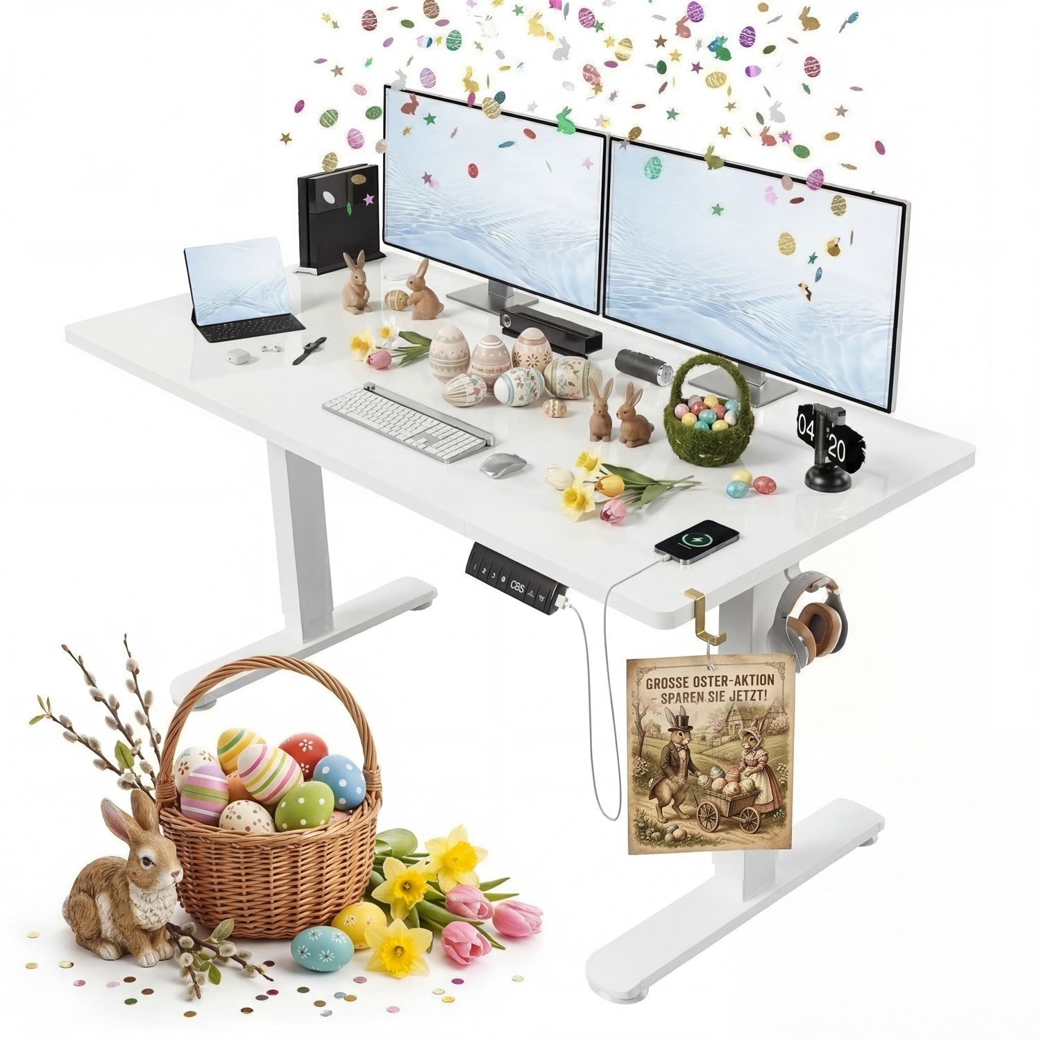 HOMALL Schreibtisch Höhenverstellbarer Elektrisch Schreibtisch, Vierteilige Tischplatte (Große Maße: 140 × 70 cm, 160/180 × 80 cm, mit USB-Ladeanschluss, in 3 Stufen höhenverstellbar, ostern geschenke)