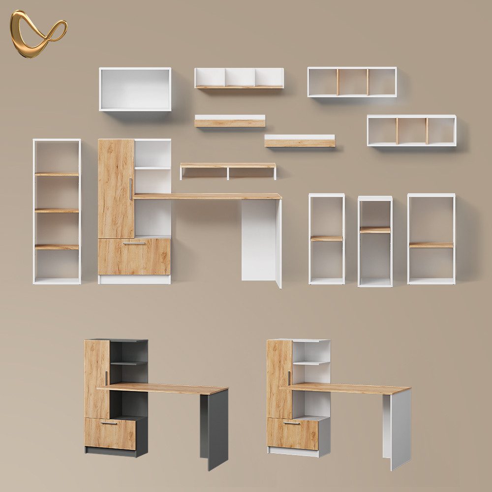 Livinity® Bücherregal Lorena, Weiß/Goldkraft Eiche, 90 x 30 cm 2er Set