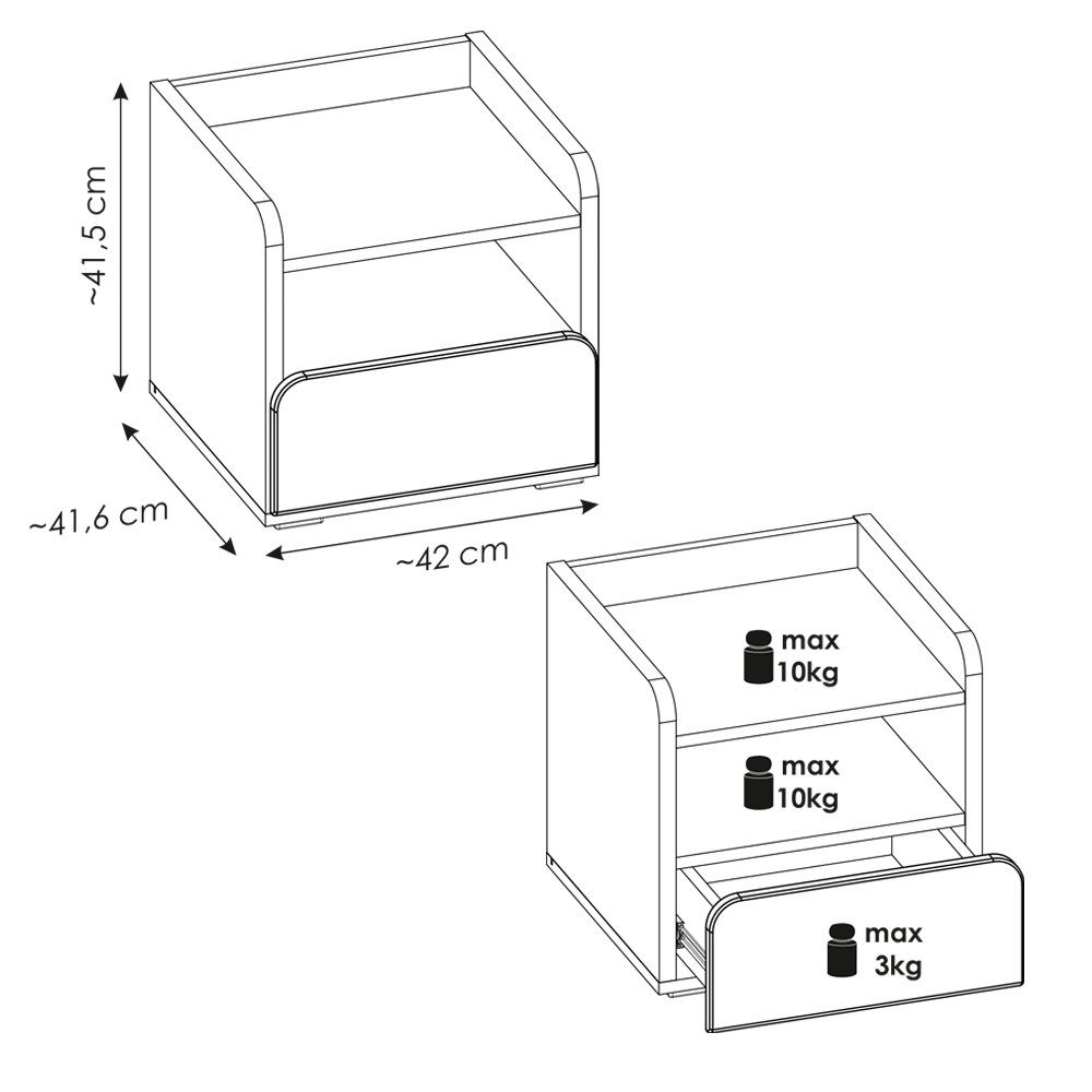 Lomadox Nachttisch FLINT-129, Nachtschrank, Nachtkommode, weiß, grau, 42x41,5x41,6x cm