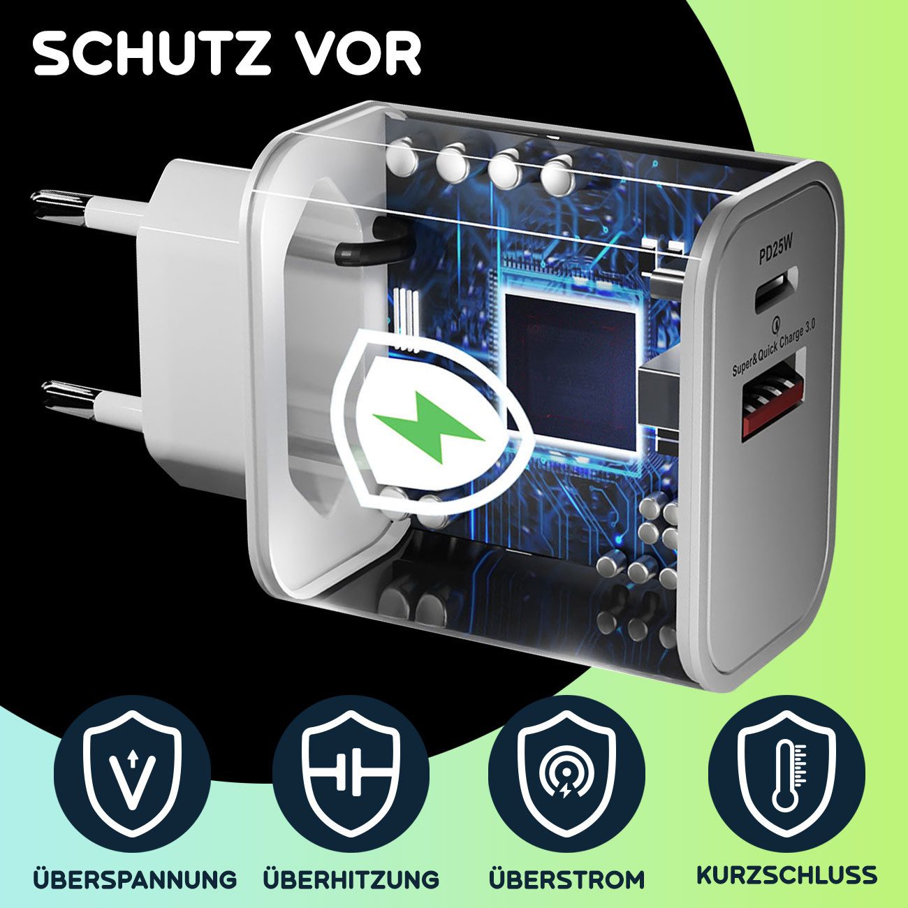 shop'n smile ideoon Dual 25Watt 1x USB-C und USB-A, PD- & QC-Netzteil USB-Ladegerät (3-tlg., Quick Charge für schnelles Laden)