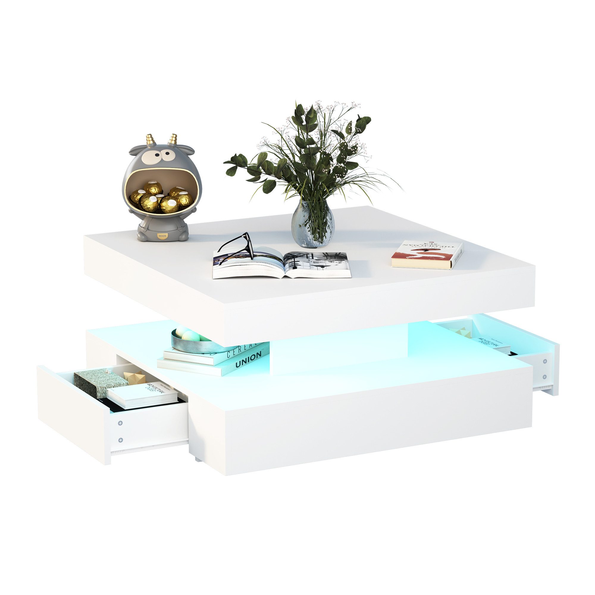 radelldar Couchtisch mit LED-Beleuchtung, 2 Schubladen und verdecktem Stauraum (1-St), Wohnzimmertisch matt 78x78x40 cm