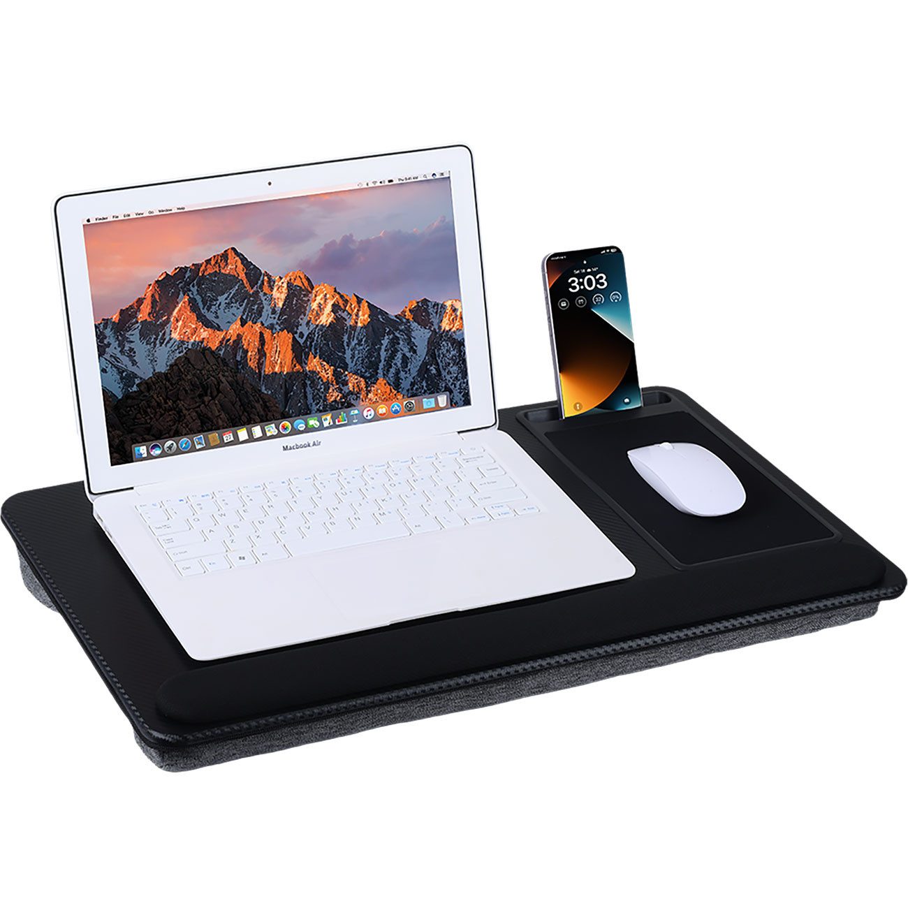 shop'n smile ideoon Laptop-Ständer Multifunktionale Laptopunterlage mit Mauspad & Handyhalterung Tragbar, (Doppelkissen für fühlende Funktion/36 x 5,5 x 57,5 cm)
