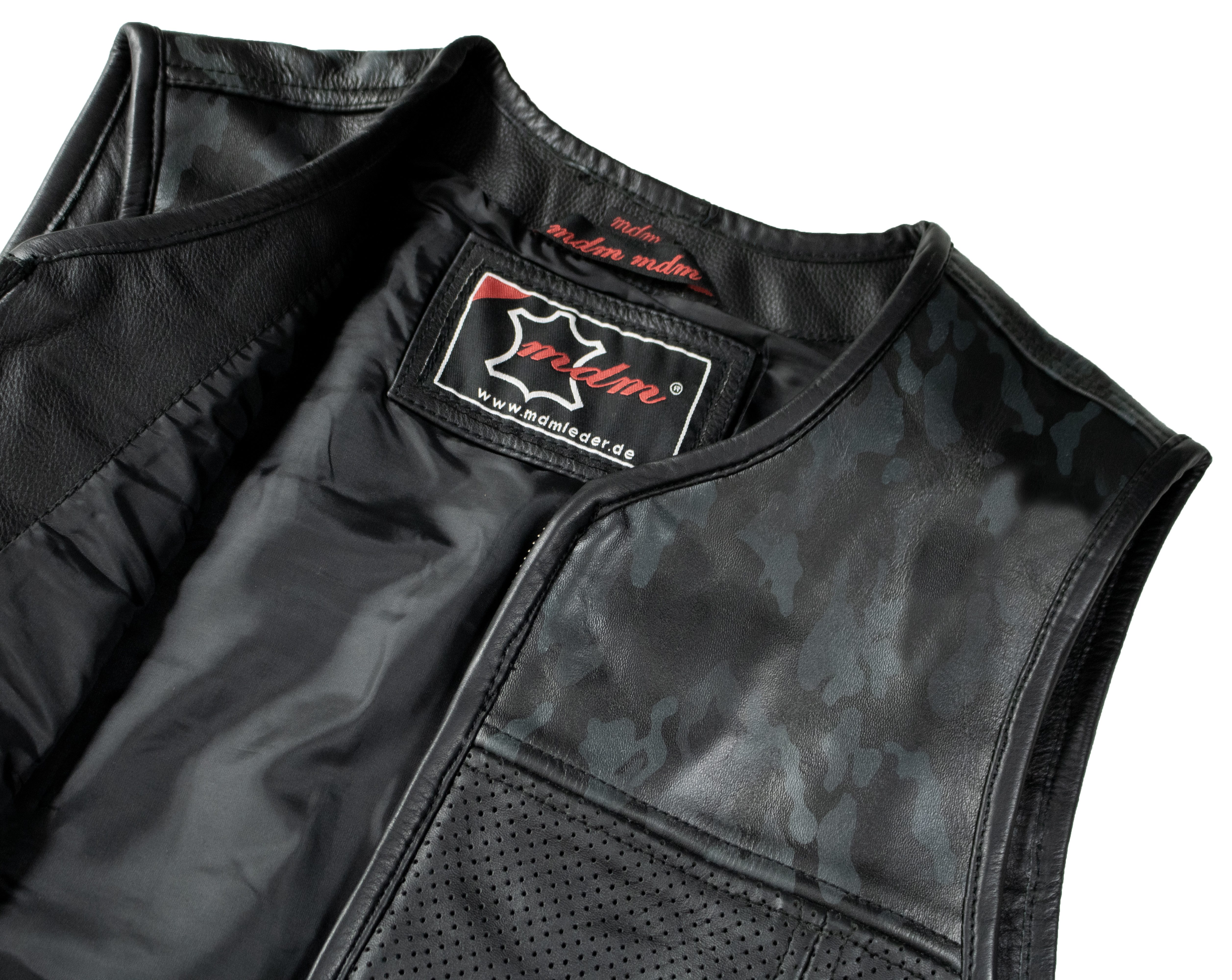 MDM Motorradweste Herren schwarz Camo Kutte mit perforierten Leder, Hunter Club Weste Kutte mit einem Black Camo Muster und Perforiertem Leder
