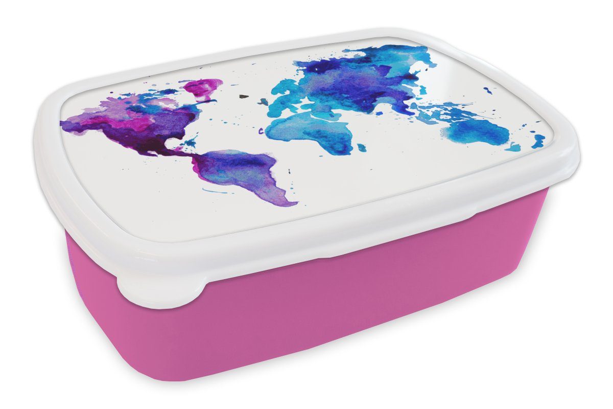 MuchoWow Lunchbox Weltkarte - Aquarell - Lila - Kinder - Jungen - Mädchen, Kunststoff, (2-tlg), Brotbox für Erwachsene, Brotdose Kinder, Snackbox, Mädchen, Kunststoff rosa