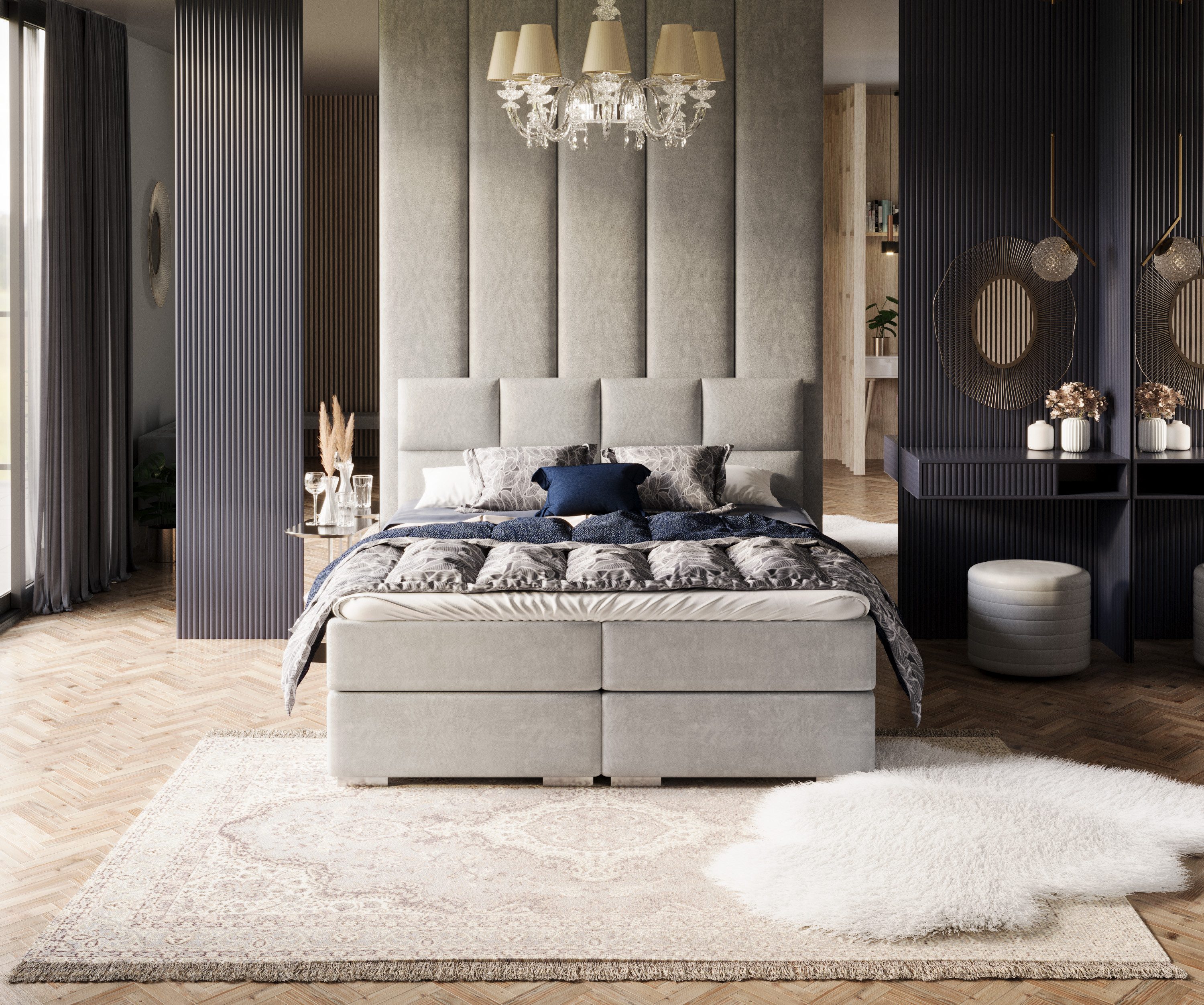 thematys Boxbett 140x200 - 180x200cm aus Velours - Stauraumbett - Boxbett (Polsterbett Bonnellfederkern Matratze H3 + ohne Topper, Luxus Doppelbett mit viel Stauraum)