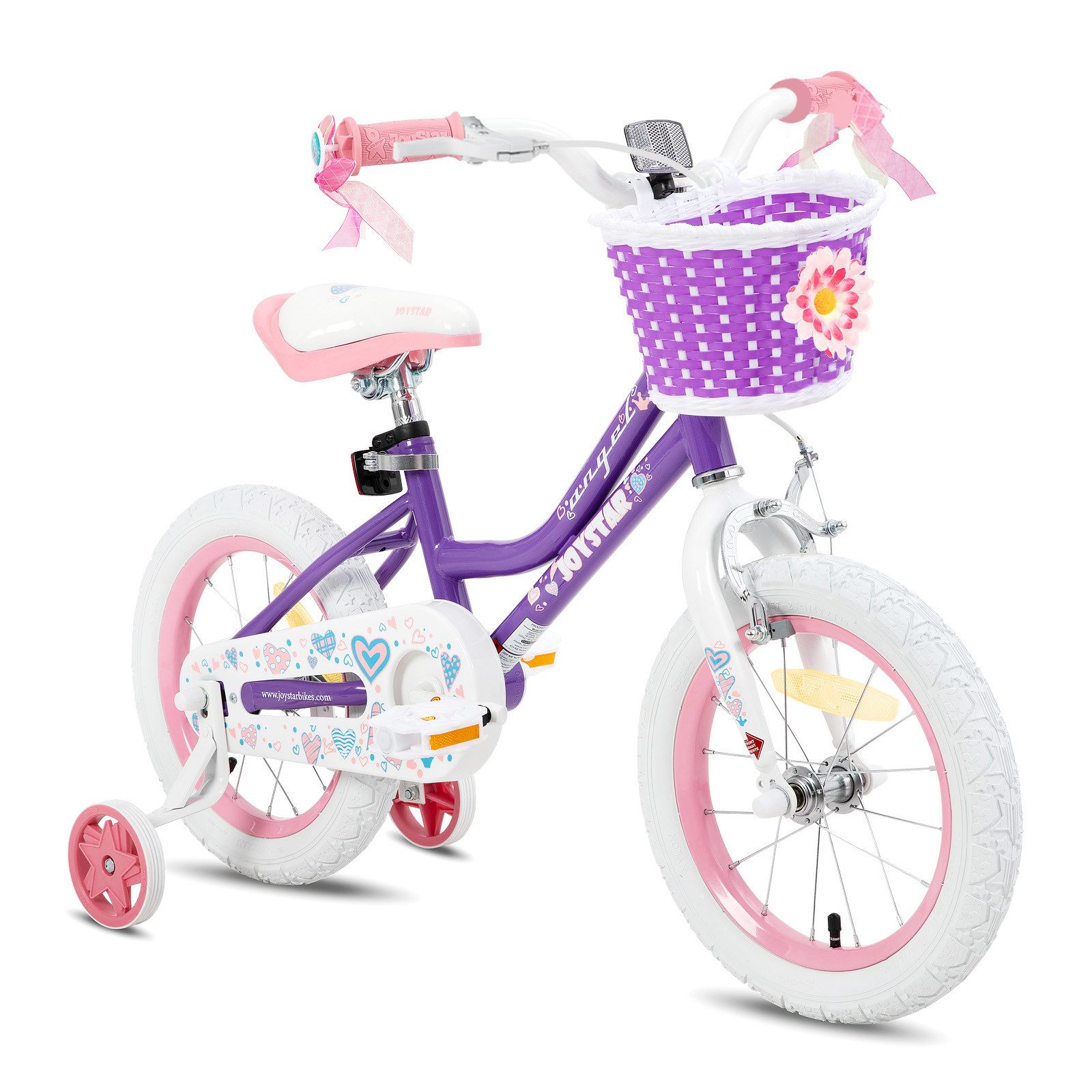 JOYSTAR Kinderfahrrad 12 14 16 18 Zoll Mädchenfahrrad, 2 - 9 Jahre,Geschenk für Prinzessin, 1 Gang, Mit Hilfsrädern, farbigen Bändern, Korb, Reflektor, Kettenabdeckung
