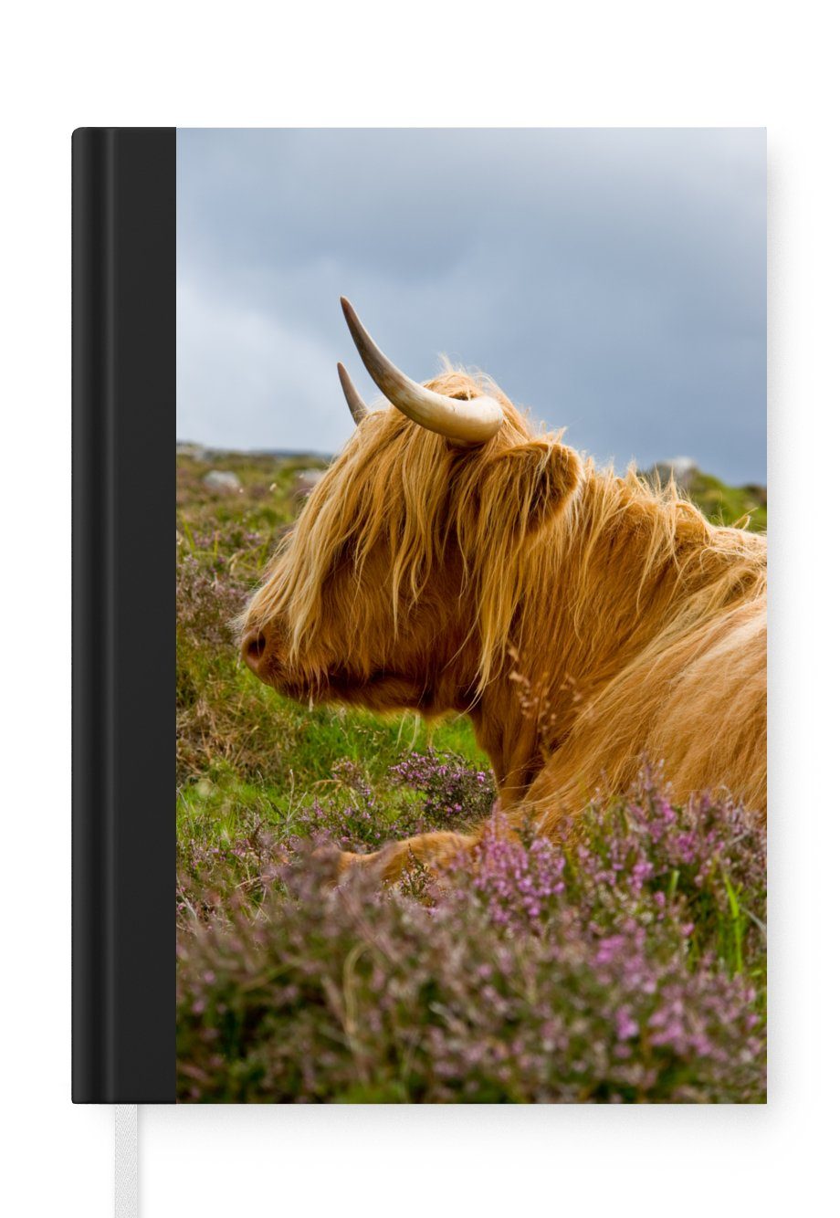 MuchoWow Notizbuch Scottish Highlander - Blumen - Gras, Journal, Merkzettel, Tagebuch, Notizheft, A5, 98 Seiten, Haushaltsbuch