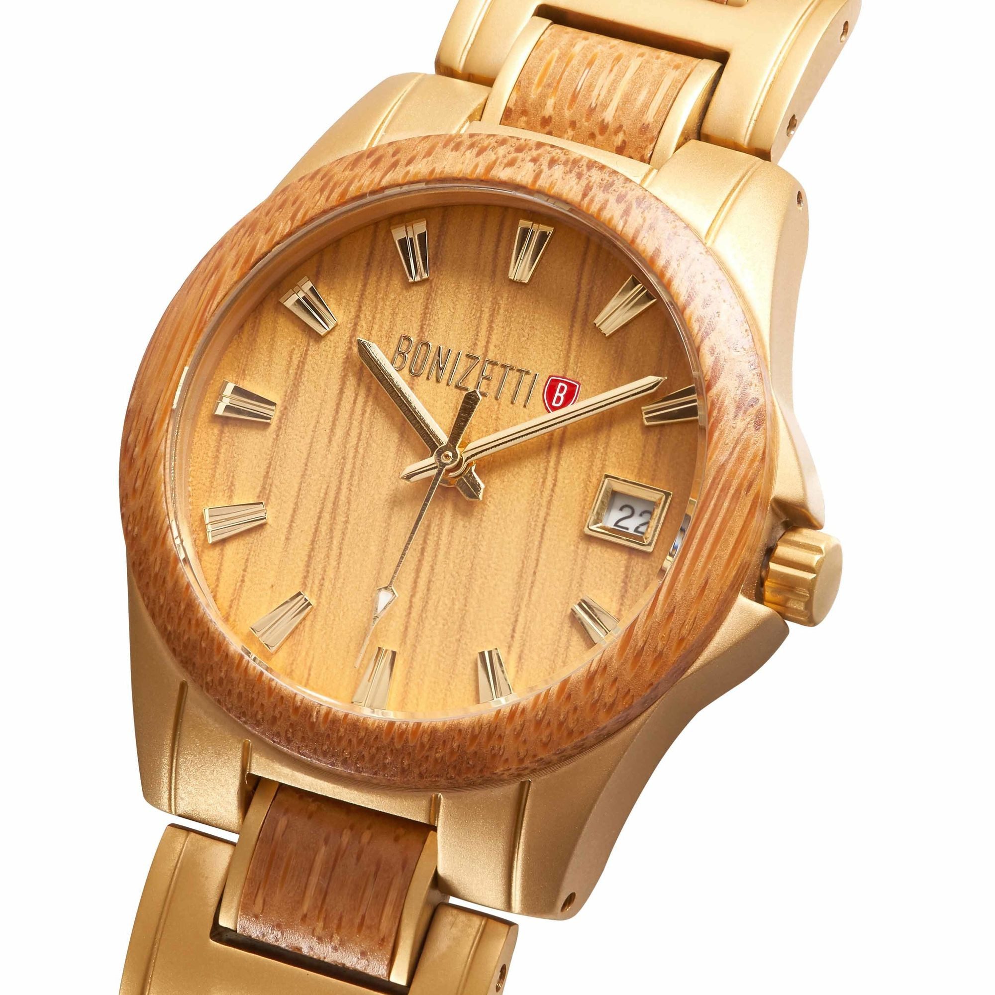 Bonizetti Chronograph ZUGSPITZE Damenuhr, (3,9 cm, braun-gold, 1-tlg), Bambus, Analog, Quarz-Uhrwerk, leicht