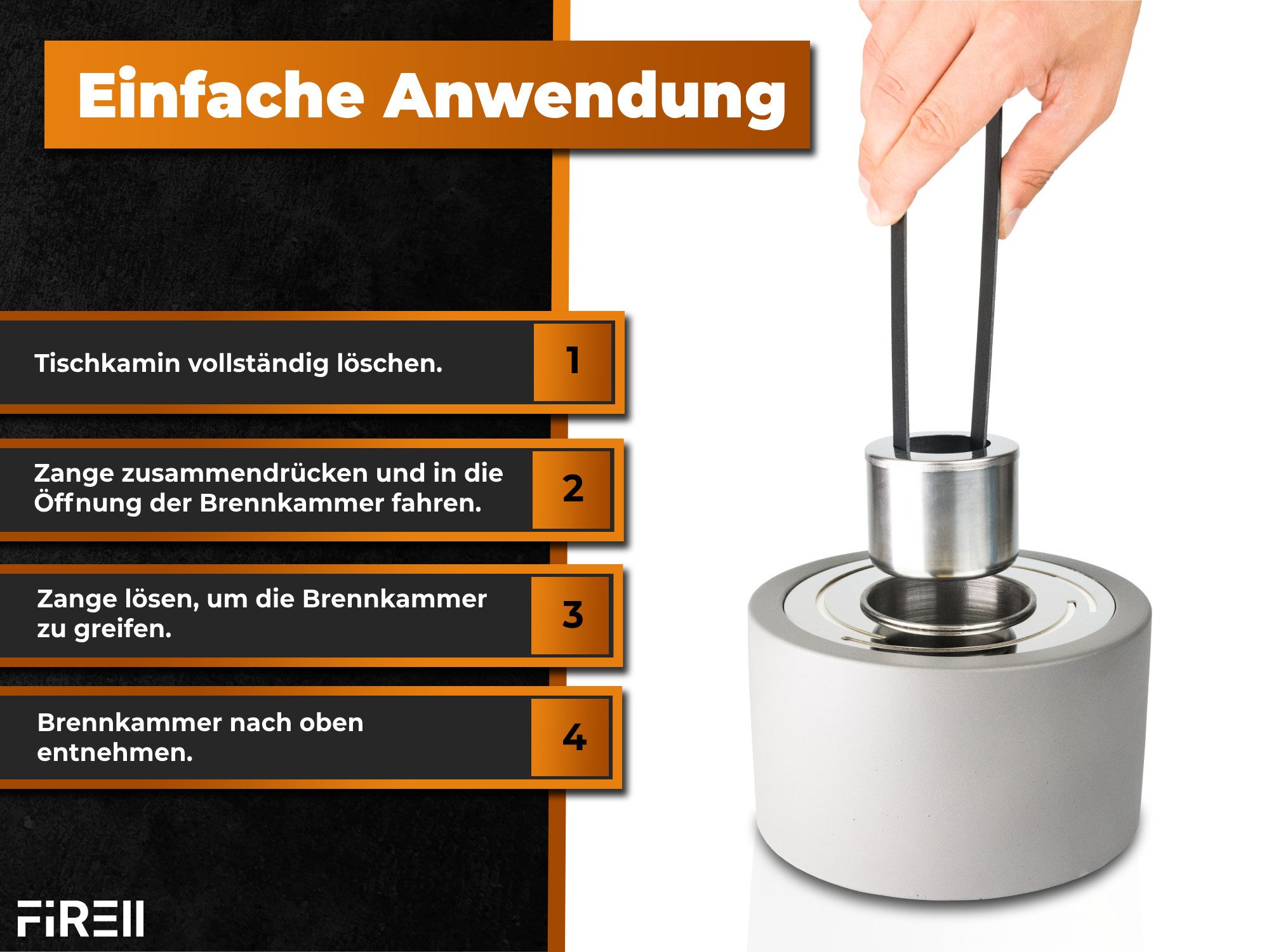 FIRELL Tischfeuer Wechselzange für Ethanolbrenner (Heiße Brennkammer entnehmen & durch eine volle ersetzen ohne Abkühlzeit), Pulverbeschichtet, für Tischkamine & Ethanolkamine, Edelstahl