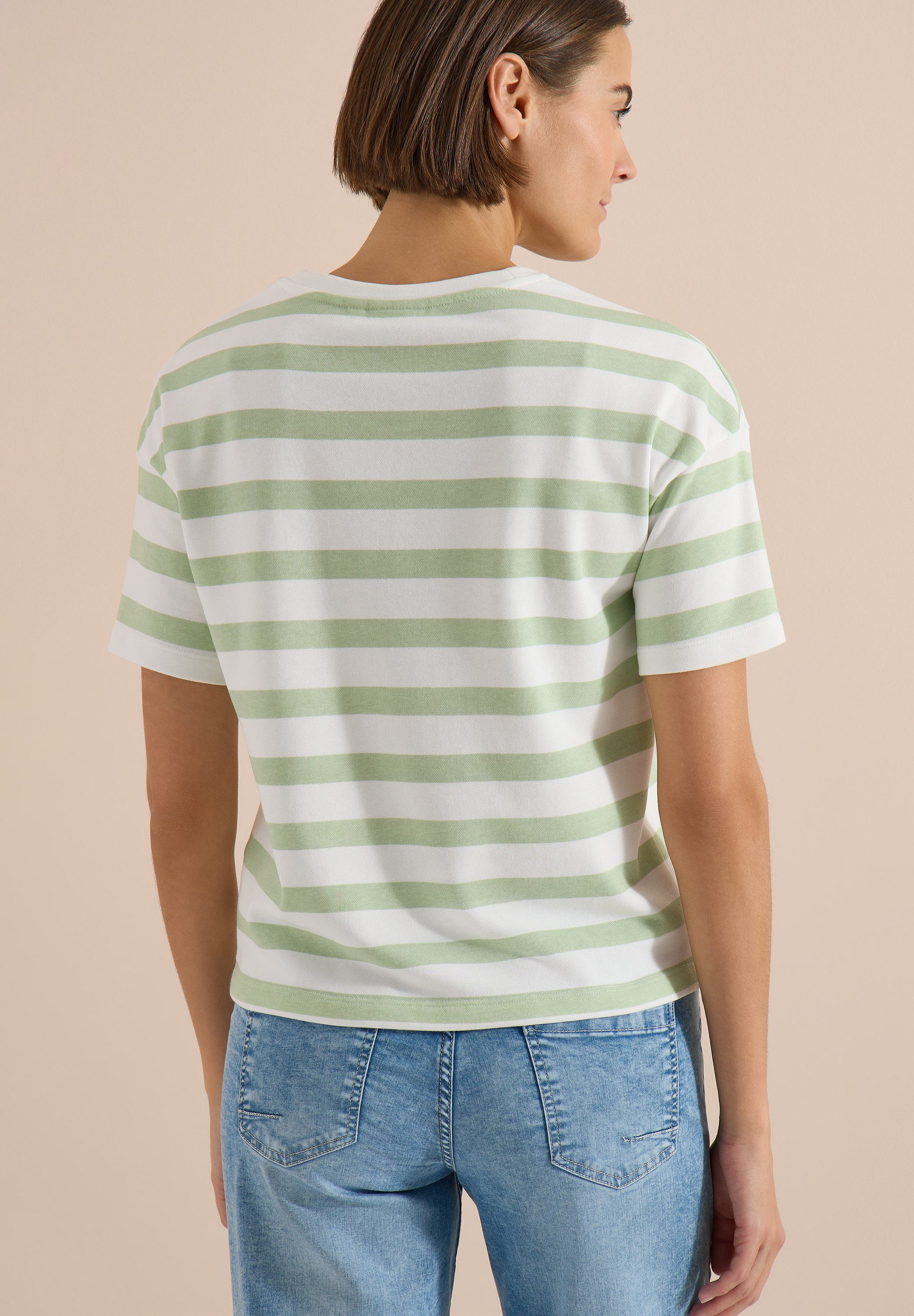 CECIL Kurzarmshirt Sommershirt mit Streifen und Wording-Detail