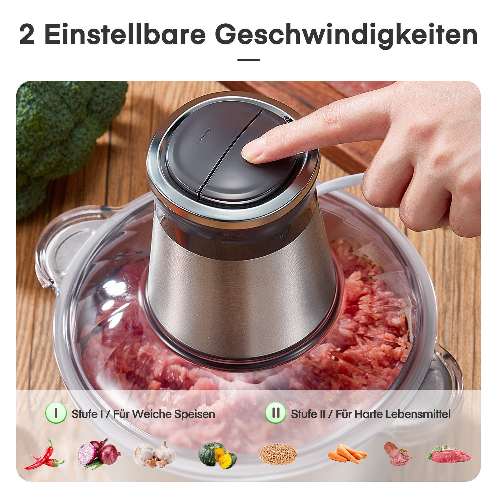 FOHERE Zerkleinerer Elektrischer Multizerkleinerer, 2 Geschwindigkeiten für Fleisch/Gemüse, 350 W, ldeal für Babybrei, Nüsse & Saucen – Leicht zu reinigen