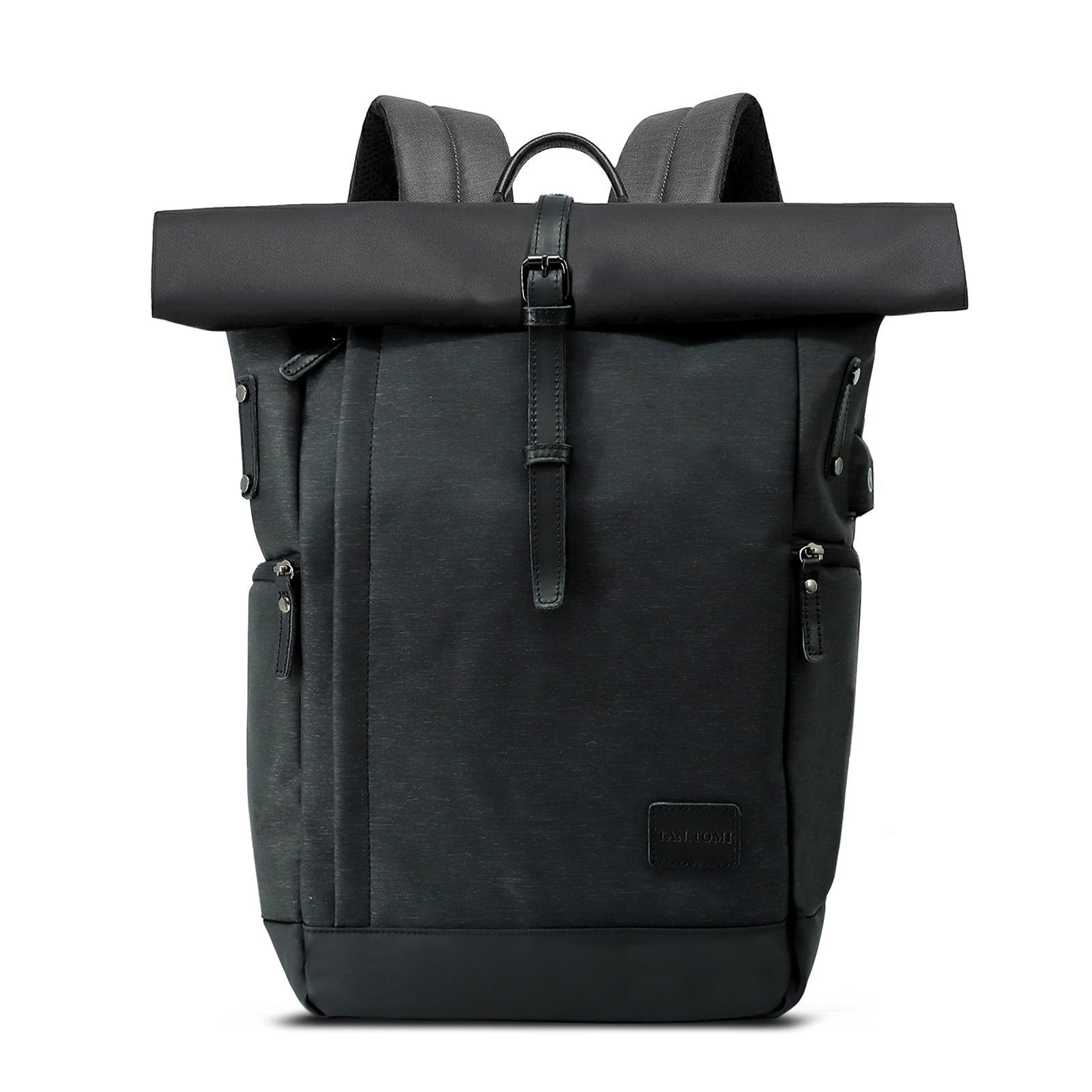 Schultasche Backpack, Groß Rucksack Laptop-Rucksack Schwarz mit Rolltop Freizeitrucksack Leichtgewichtiger, TAN.TOMI USB-Ladebuchse Damen Stilvolle Herren lässiger