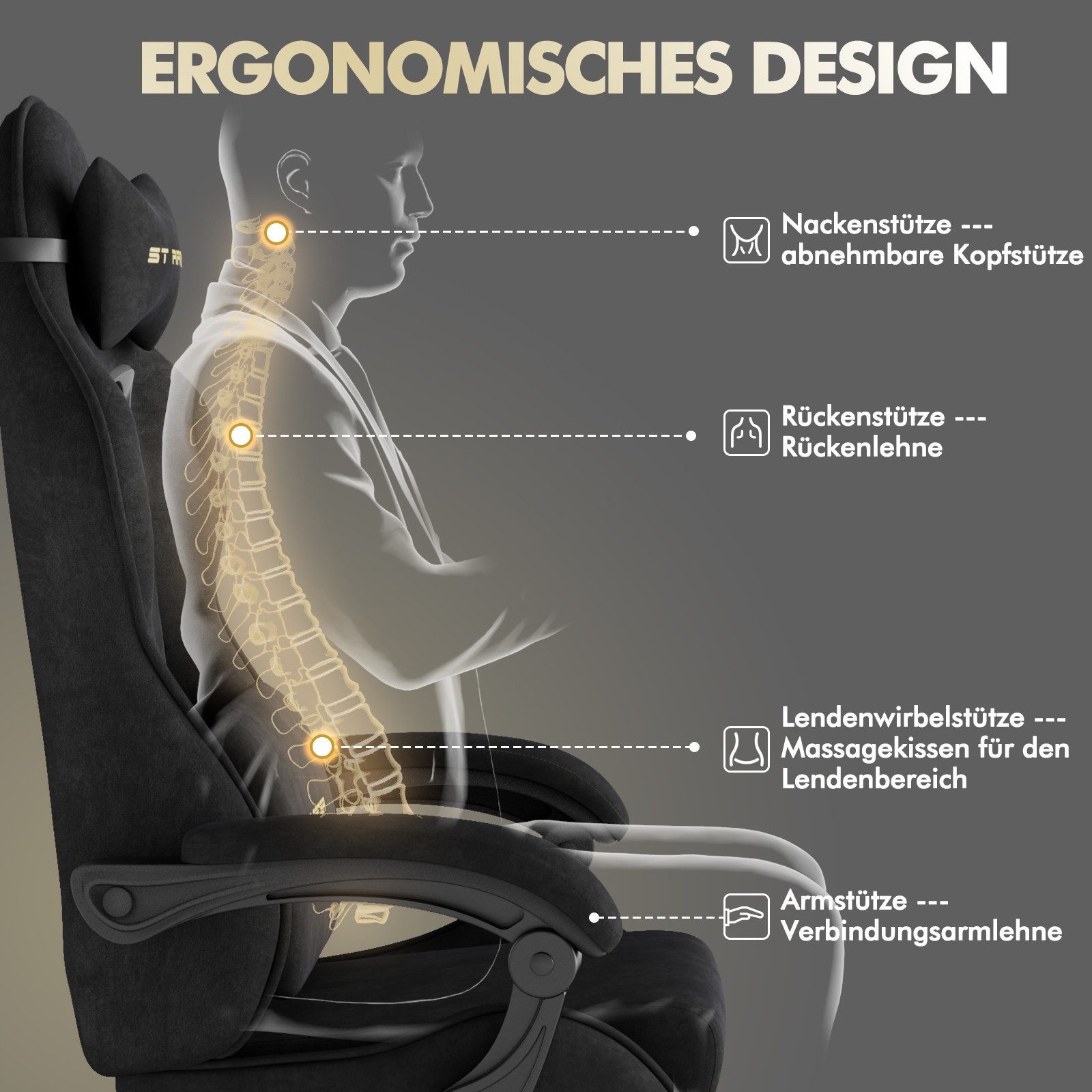 Ferghana Gaming-Stuhl Gaming-Stuhl: Kopfstütze, Lendenkissen, Armlehnen, Fußstütze (Packung), Ergonomischer PC-Stuhl,Rückenlehne 90°-125°