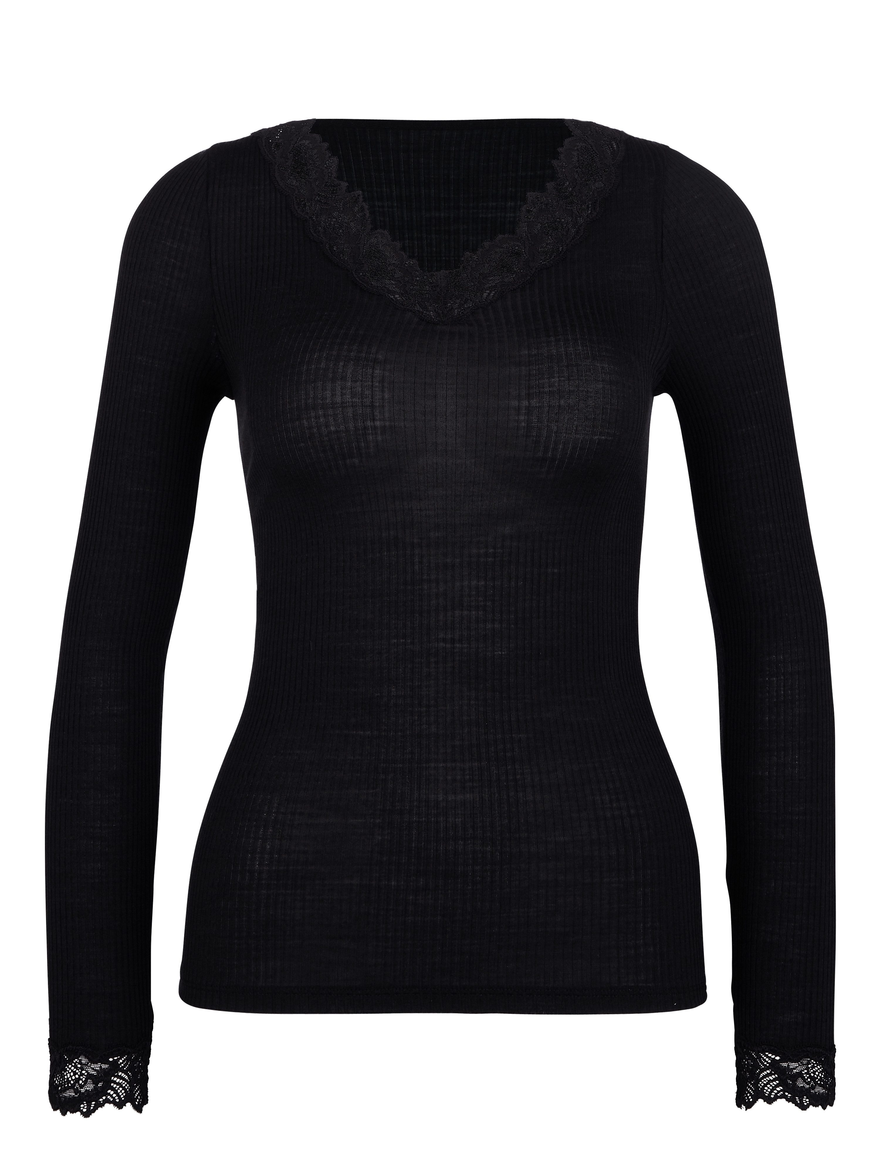 CALIDA Langarmshirt Silky Wool Joy Spitze, atmungsaktiv, V-Ausschnitt, Meri günstig online kaufen
