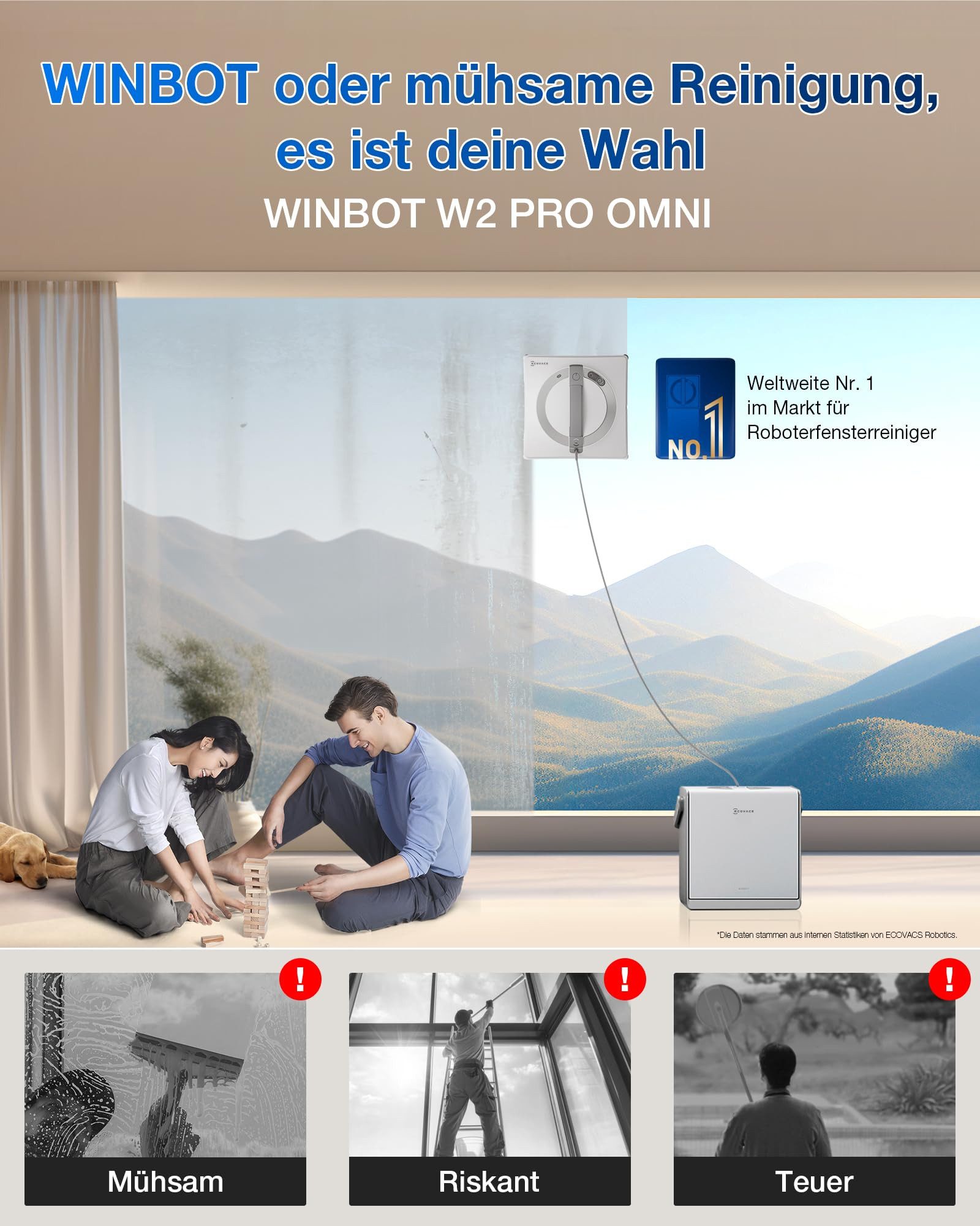 ECOVACS Fensterputzroboter WINBOT W2 PRO OMNI, Intelligente, unterbrechungsfreie Fensterreinigung, mit 7 Modi, automatischer Nachladung & innovativer Randerkennung