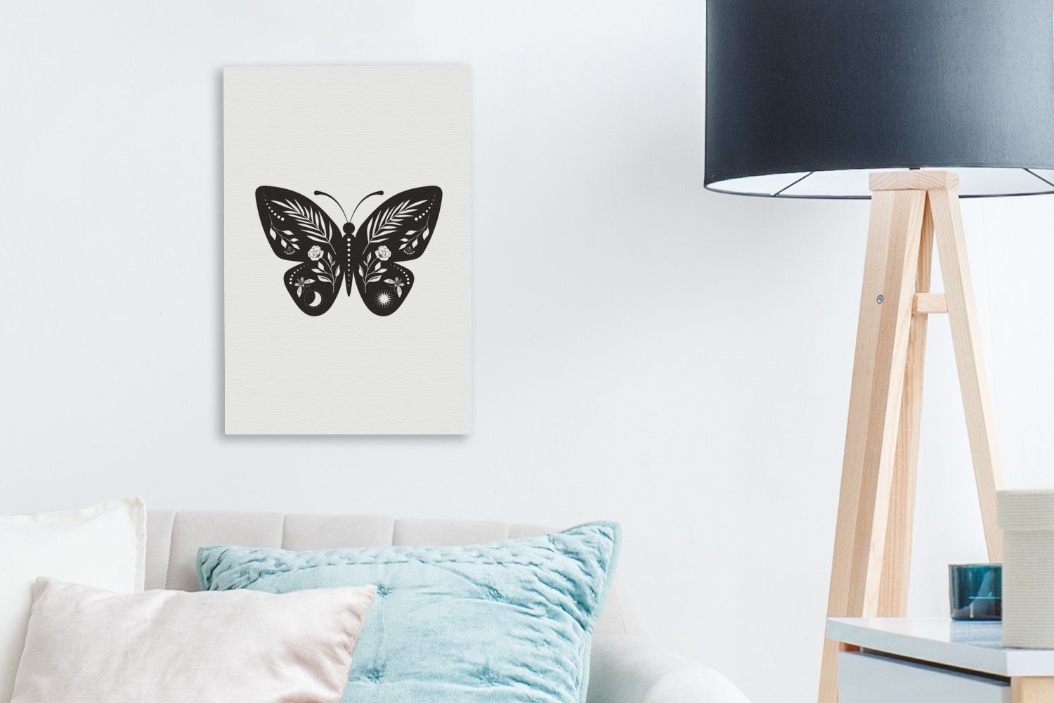 weißem, Gemälde, mit fertig Leinwandbild Leinwandbild OneMillionCanvasses® (1 verzierten Zackenaufhänger, cm bespannt auf einem inkl. Moderne Schmetterling Kunst 20x30 St),