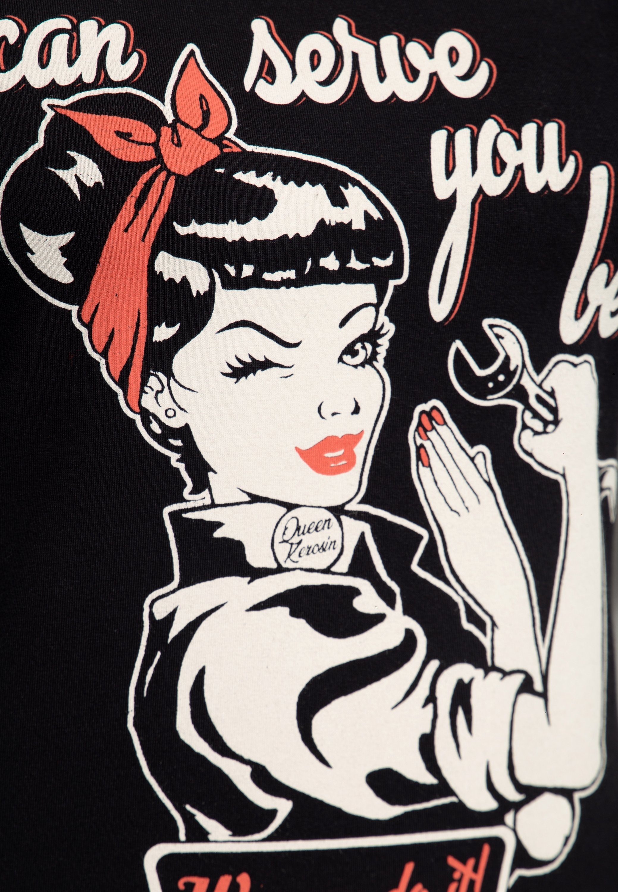 you can vintage schwarz Front serve (1-tlg) QueenKerosin Print I Print-Shirt mit plakativem