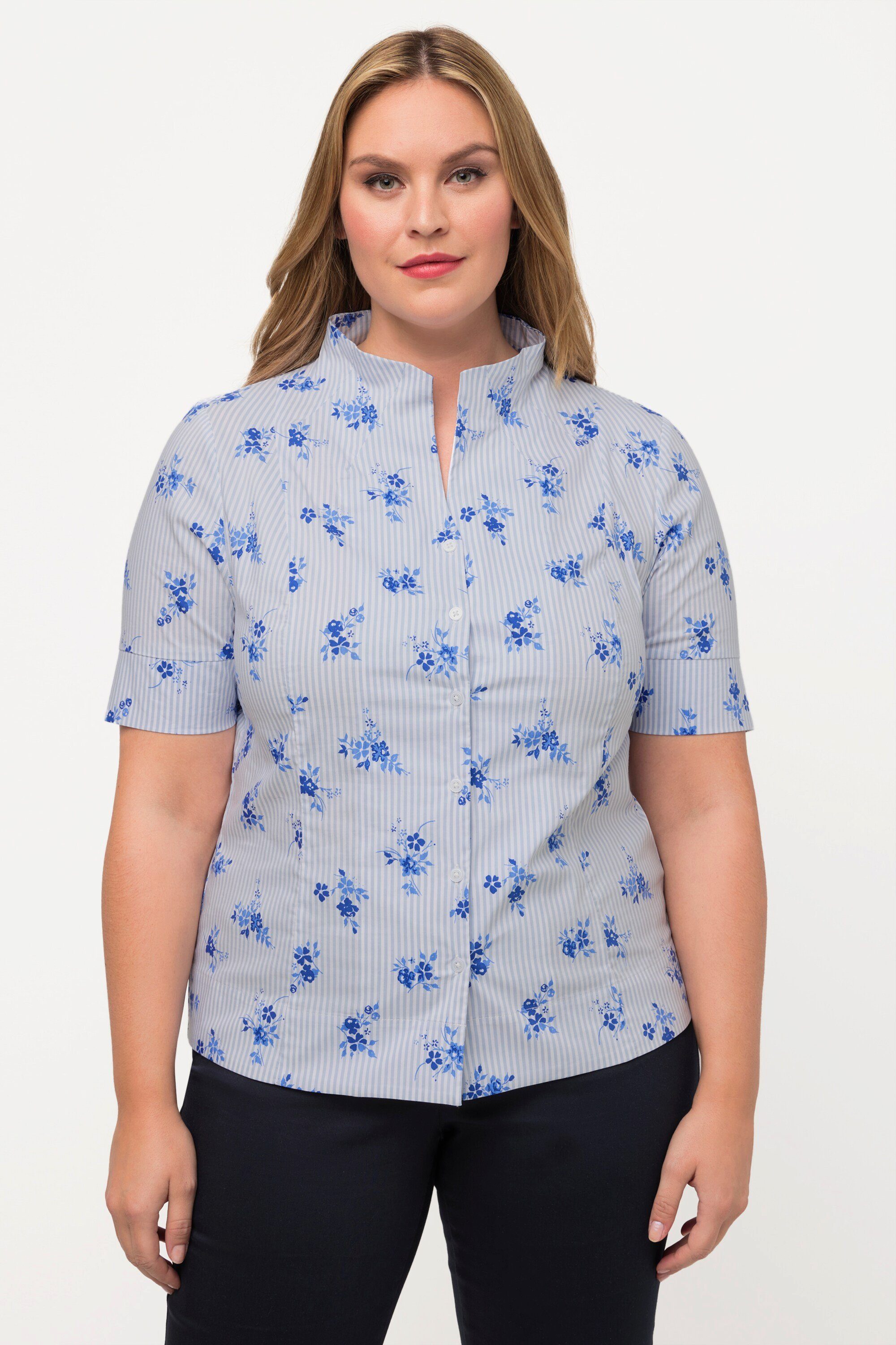 Longbluse Bluse Blüten Streifen Kelchkragen Halbarm