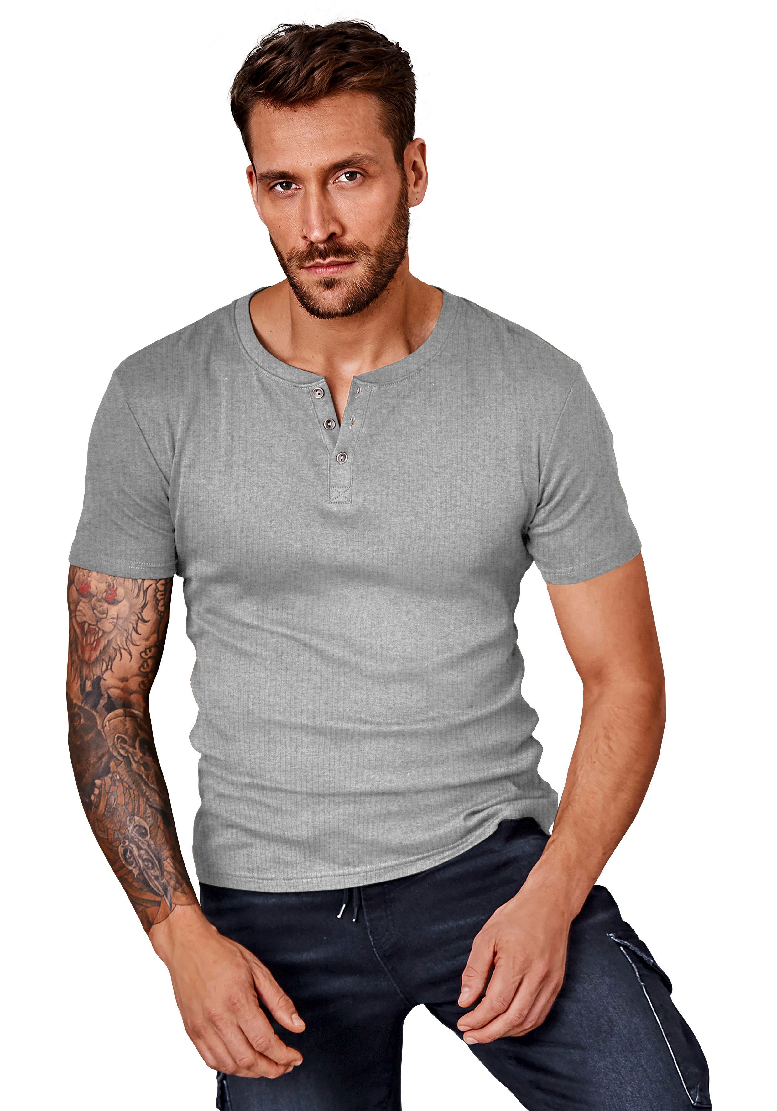 H.I.S T-Shirt (Packung) mit Knopfleiste als aufwendiger perfekt Unterziehshirt grau-meliert