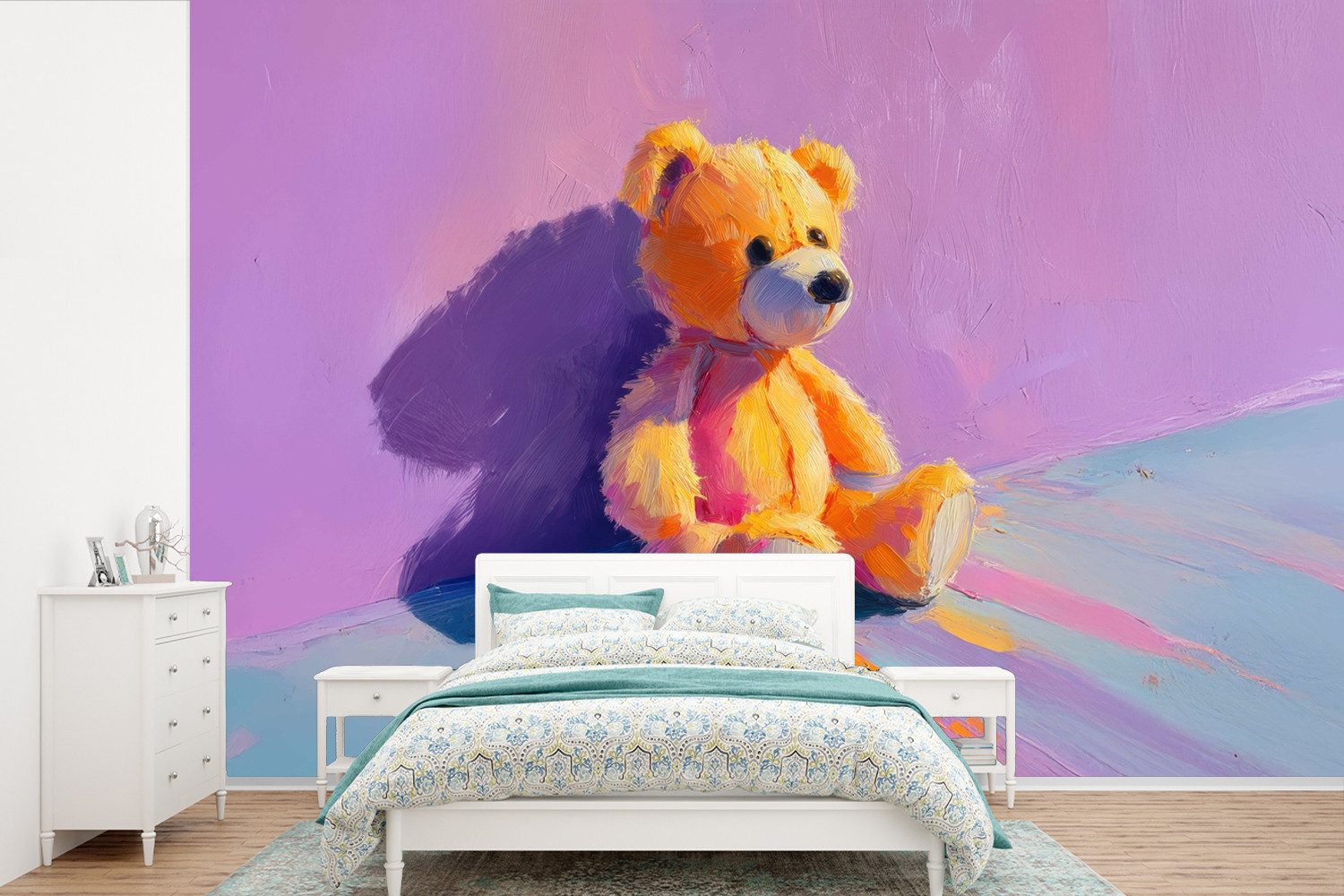 MuchoWow Fototapete Teddybär - Schatten - Pinselstriche - Lila, Matt, bedruckt, Vinyl Tapete für Wohnzimmer oder Schlafzimmer, Wandtapete, 525x350 cm