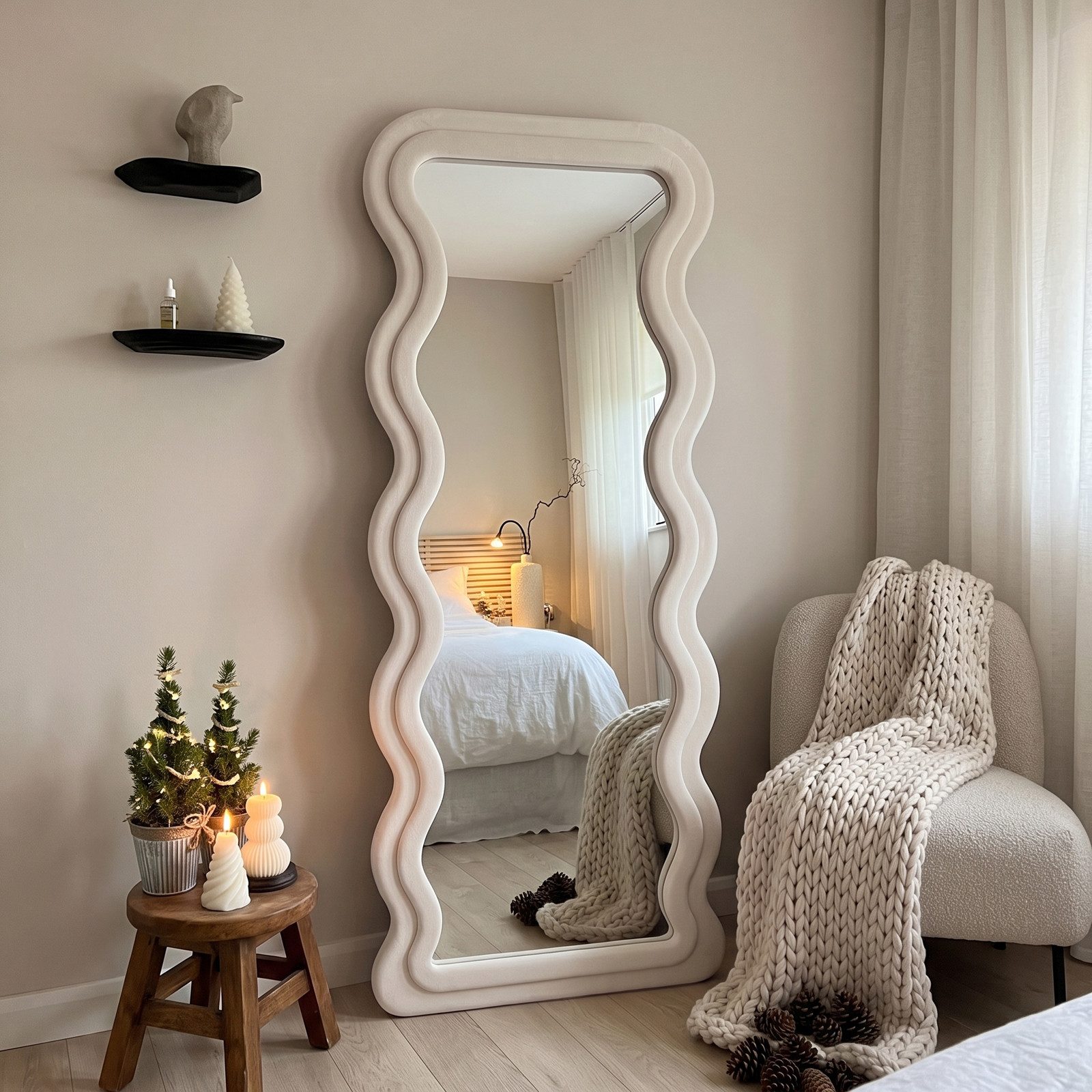 LUNAMIRROR Ganzkörperspiegel Unregelmäßig gewellter Ganzkörperspiegel, wandmontierter Standspiegel (1-St), für Schlafzimmer und Flur, 160×60cm, weiß