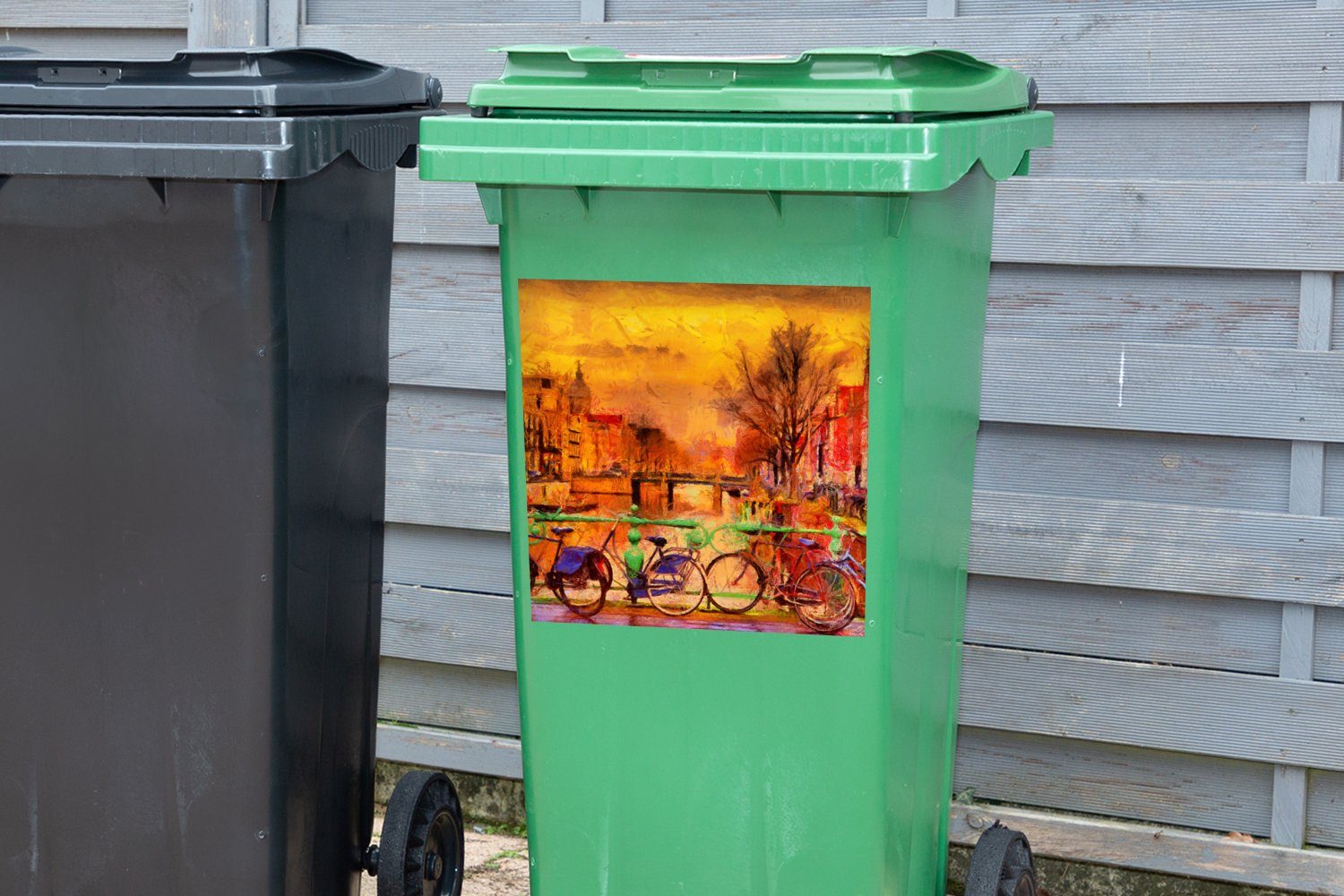 - Gemälde Amsterdam St), Container, Fahrrad Mülltonne, Abfalbehälter - Wandsticker Mülleimer-aufkleber, (1 Sticker, - Öl - MuchoWow Gracht