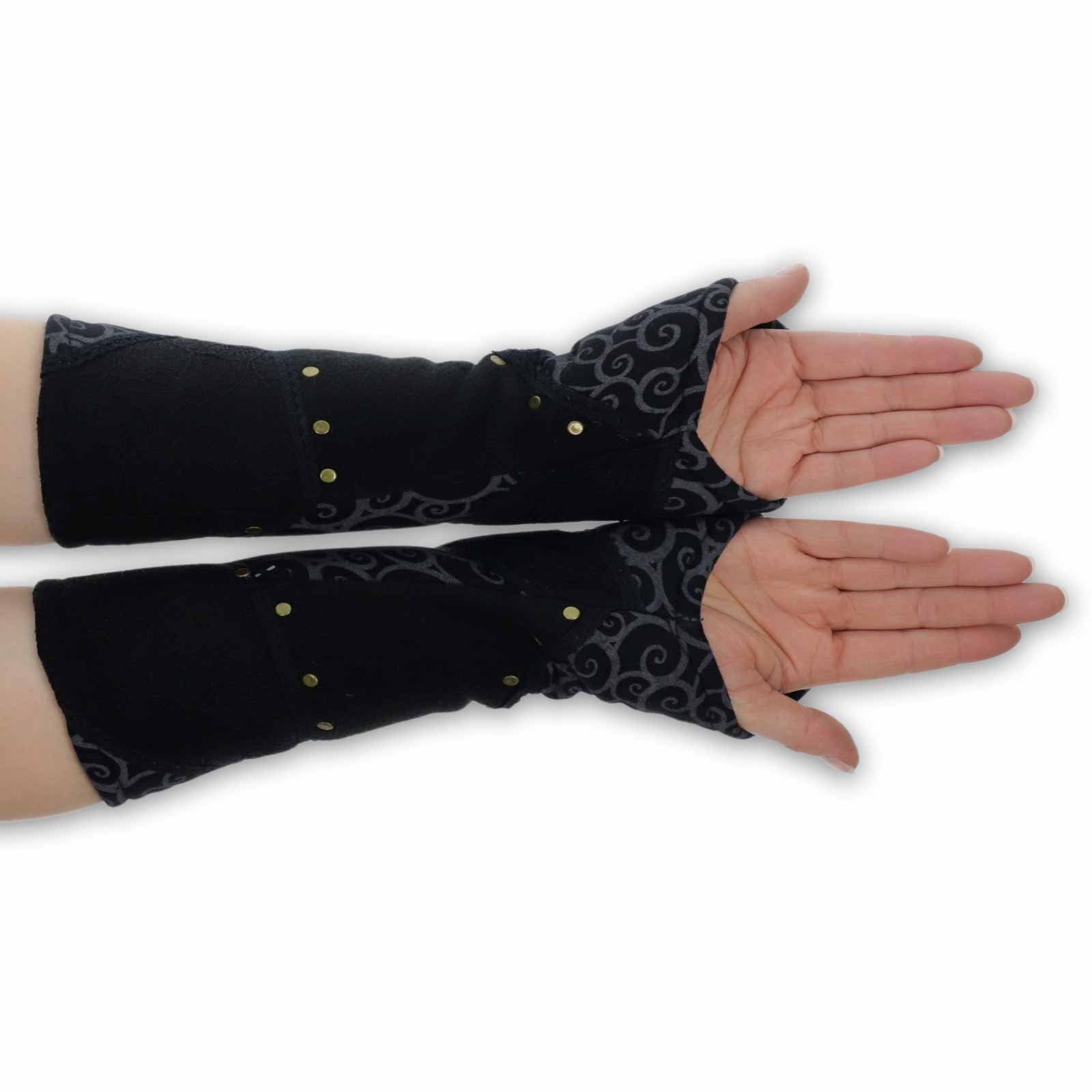 Damen KUNST Boho UND Handschuhe Stulpen Armstulpen / Schwarz Kunst&Magie Fleece Armstulpen Handwärmer Black MAGIE
