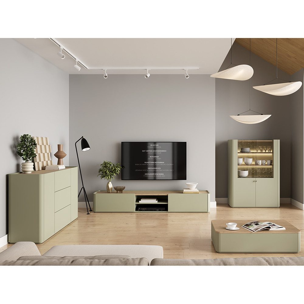 Lomadox Wohnzimmer-Set ELOY-141, (Mega-Spar-Set, 4-St., Couchtisch Lowboard Vitrinenschrank), Grün Eiche Dekor grifflos modern Softclose LED Beleuchtung