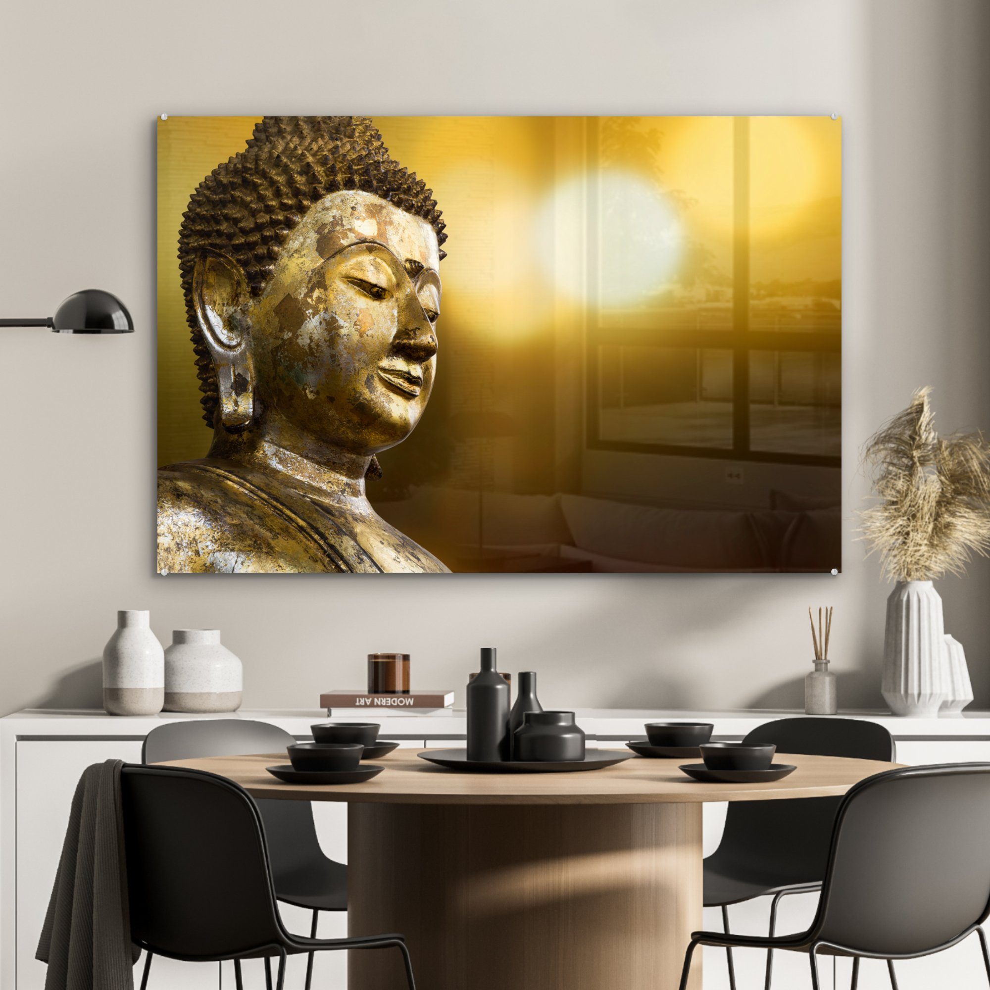 MuchoWow Acrylglasbild Buddha Acrylglasbilder Stein Schlafzimmer St), (1 - & Licht, Wohnzimmer 