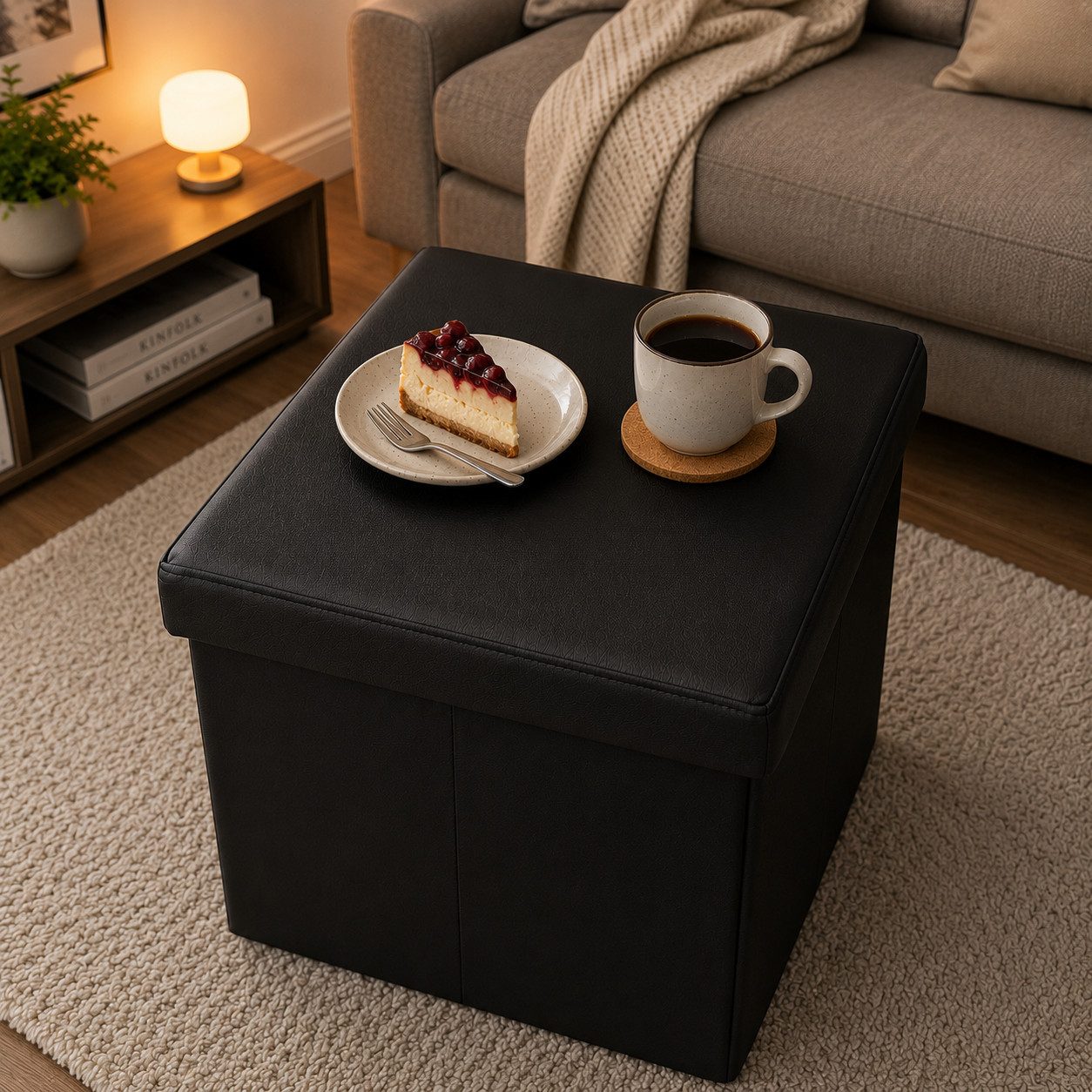 belviona Sitzwürfel faltbar mit Stauraum, Sitzhocker bis 300 kg, 38x38x38 cm, schwarz (1 St), Faltbare Aufbewahrungsbox mit gepolsterter Sitzfläche, Lederimitat