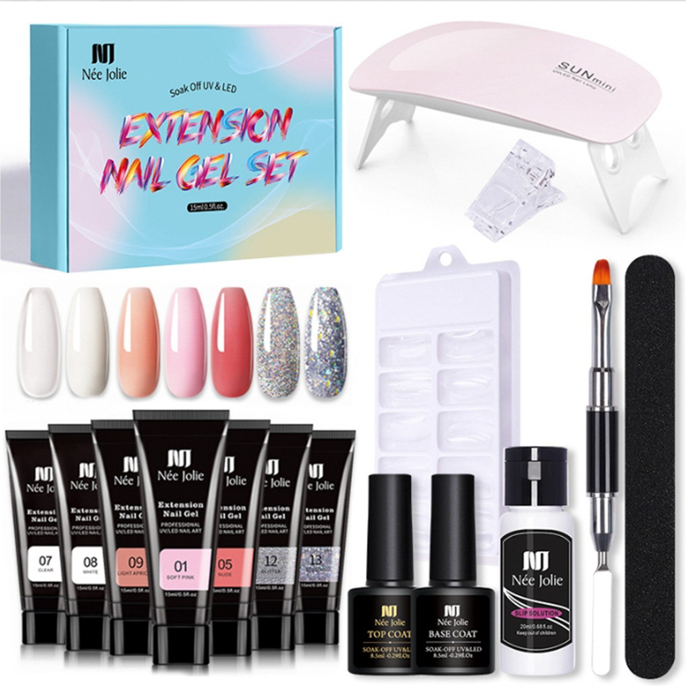 KINSI Lichthärtungsgerät Nagelverlängerung Gel Set - 15 Stück Komplettset mit 7 Farben, für Anfänger & Profis,Inklusive Alles für DIY Nail Art zu Hause