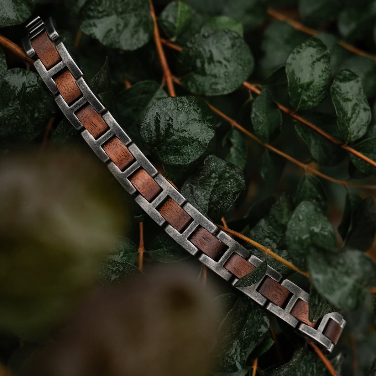Holzkern Gliederarmband Herren-Edelstahl mit Holz Acoustic Walnuss/Antik-Silberfarben