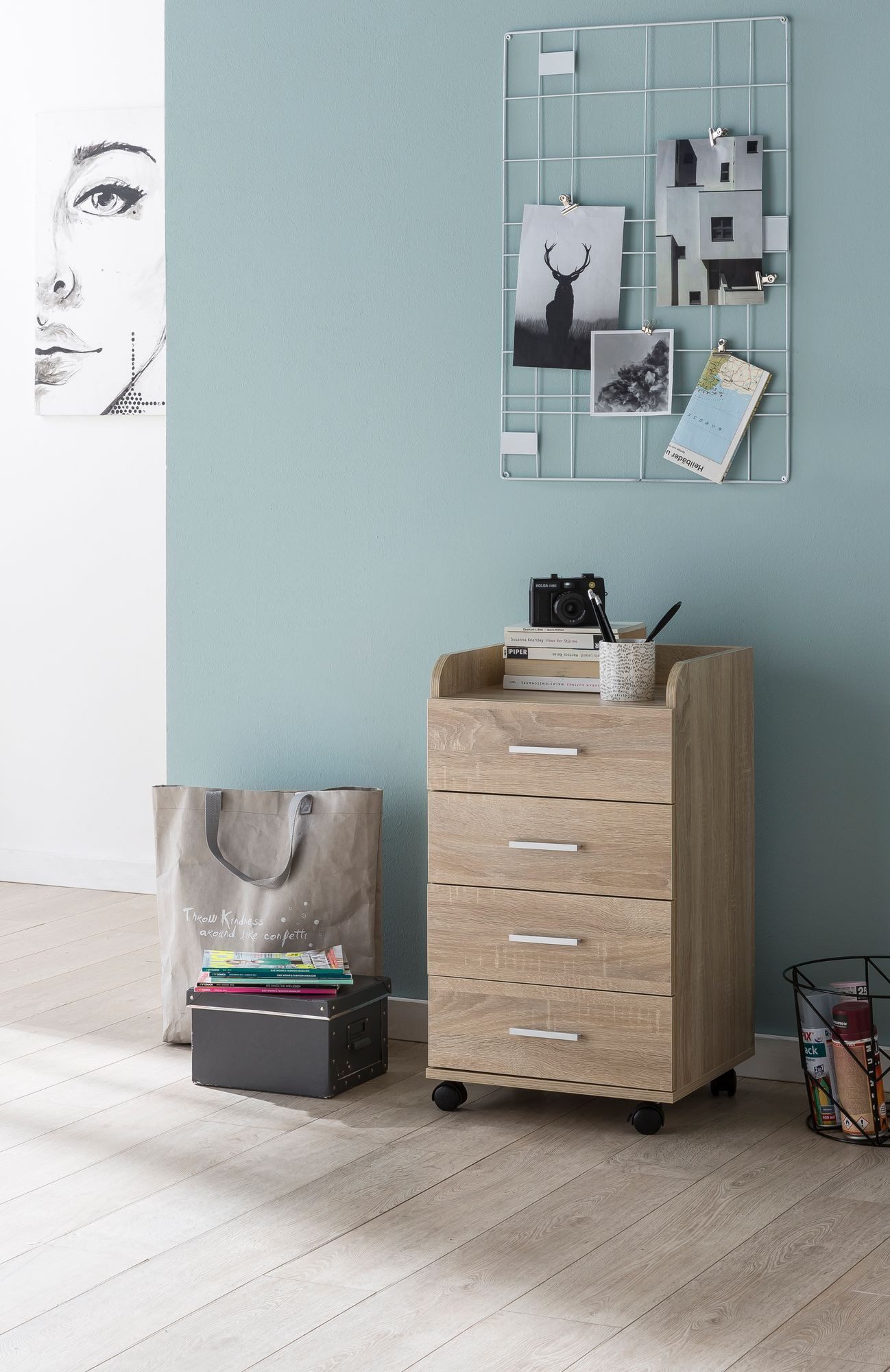 FINEBUY Rollcontainer 70,5 cm Standcontainer Bürocontainer mit Rollen Modern SuVa13590_1, (Schreibtischcontainer 40x70,5x33 cm Sonoma), Rollschrank 4 Schubladen, Bürocontainer mit Rollen