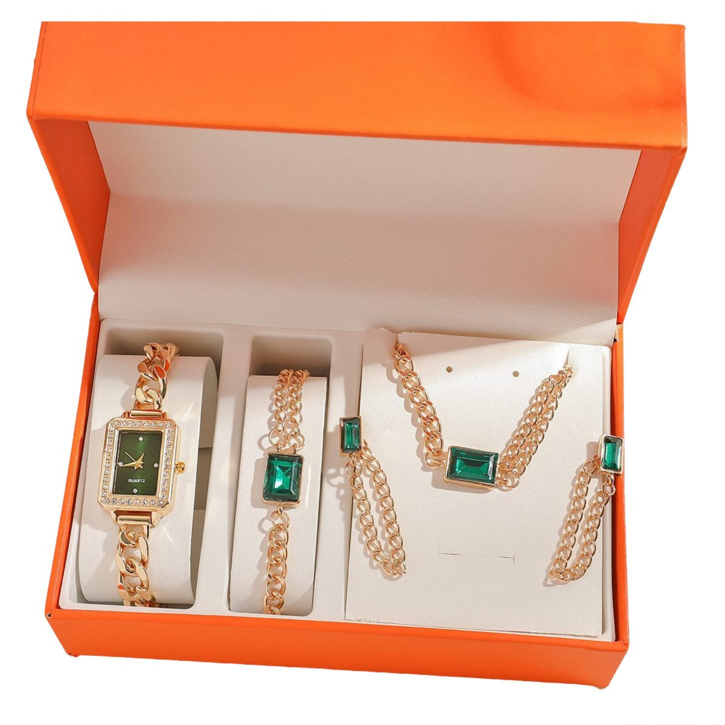 Quarzuhr Geschenk Damen Armbanduhr Armband Halskette Ring Ohrring Schmuck Set