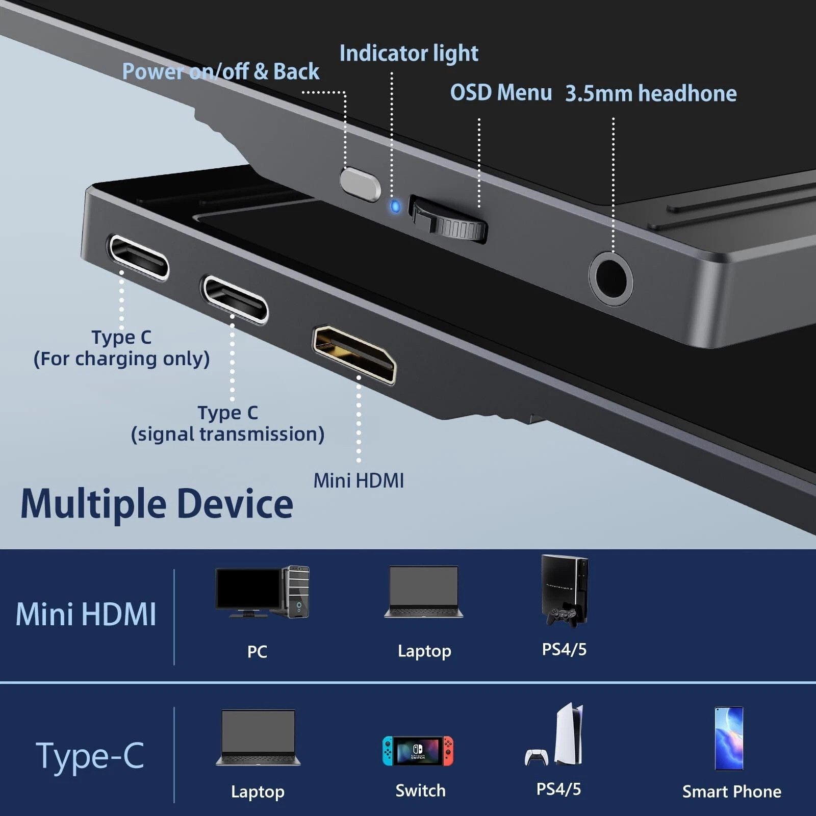 Bundviel Portable Monitor 15,6 Zoll Tragbarer Mobiler IPS 1920x1080 FHD Portabler Monitor (40 cm/15.6 ", 1920x1080 px, Full HD, 2 ms Reaktionszeit, 60 Hz, LCD, Tragbarer Monitor mit Dual-Lautsprechern, USB-C, HDMI)