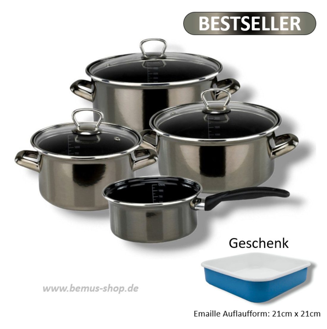 bemus Topf-Set "Black Pearl" - Anthrazit - Email, Stahl Emaille (7-tlg), 7-tlg., (Induktion), Crafted in Germany