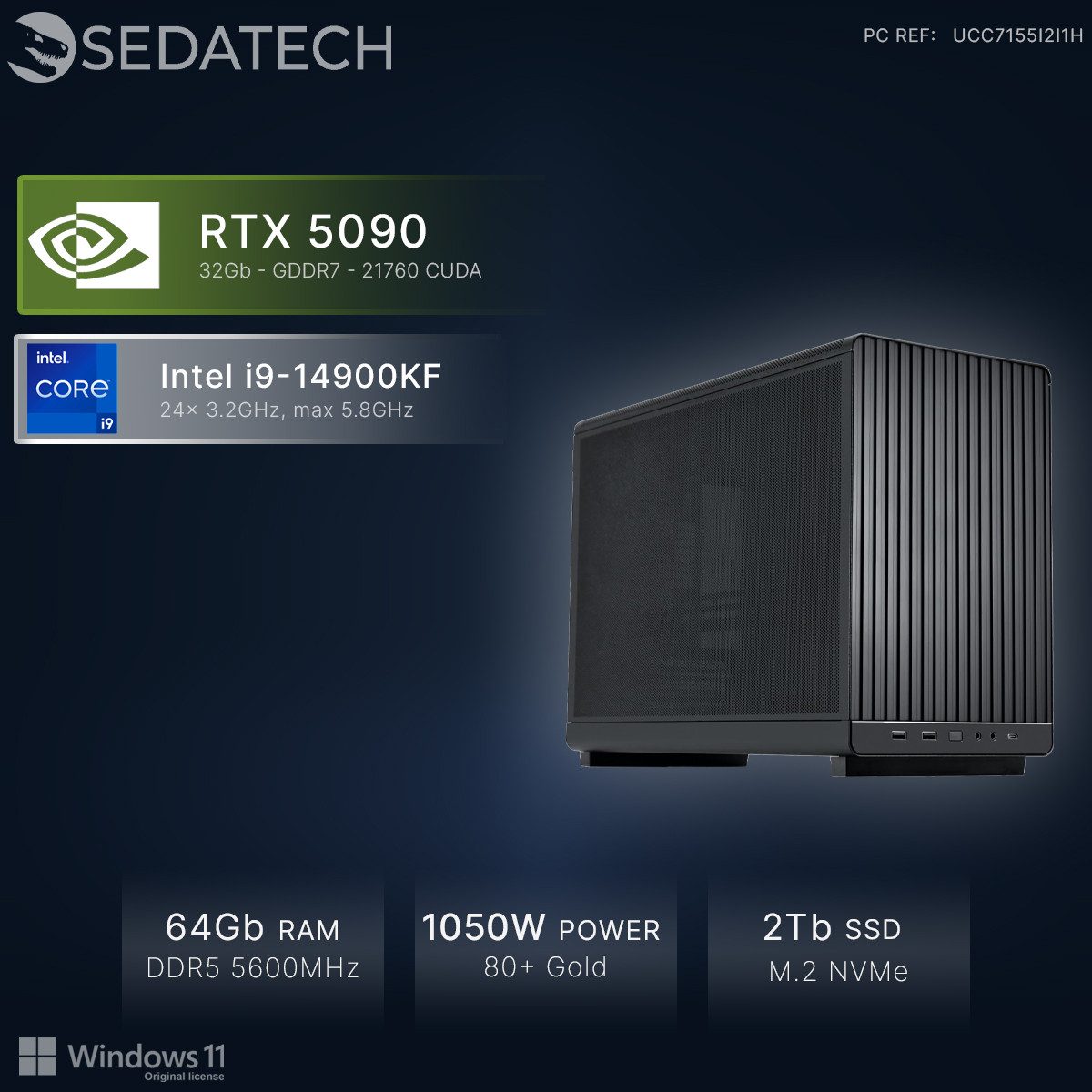 Sedatech UCC7155I2I1HF - Workstation Mini-PC (Intel Core i9 14900KF 24x 3.2GHz (max 5.8GHz), Geforce RTX5090 32GB, 64 GB RAM, 2000 GB SSD, Wlan 6E)
