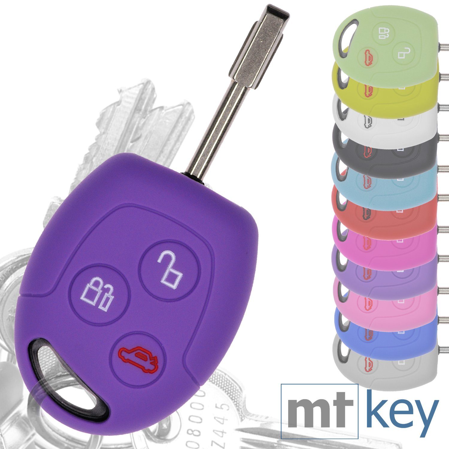 mt-key Schlüsseltasche Autoschlüssel Softcase Silikon Schutzhülle Lila, für Ford Transit Mondeo Focus II Fiesta VI Fusion Galaxy S-MAX 3 Knopf