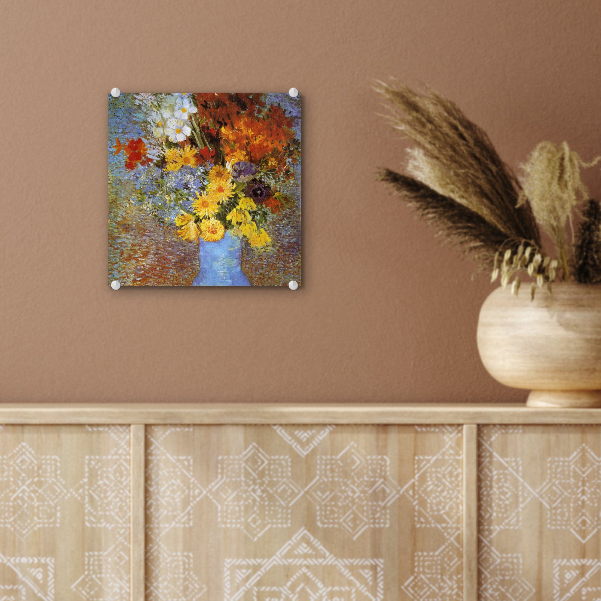 Gogh, Acrylglasbild - Gemälde - Wanddekoration auf mit auf und - Gänseblümchen Vase von Glas St), Vincent MuchoWow (1 Glasbilder Wandbild Glas - Foto Anemonen van Bilder