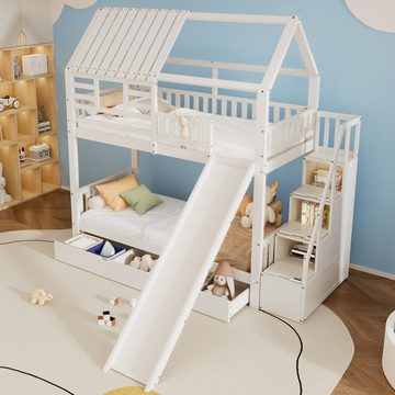 Flieks Etagenbett, Hausbett Kinderbett 90x200cm mit Schublade, Stauraumtreppe und Rutsche