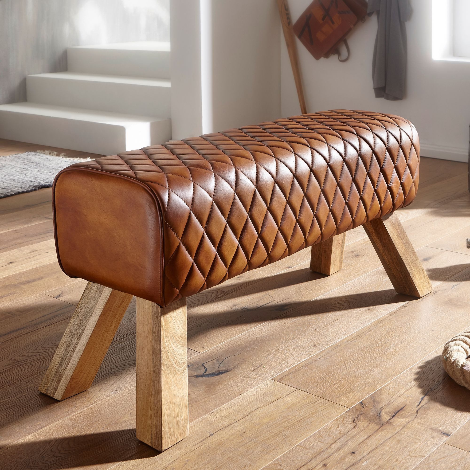 FINEBUY Sitzbank FB54089 Echtleder / Massivholz 89 cm Springbock Flurbank Lederbank (Echtleder / Massivholz 89x46x35 cm, Turnbock), Sitzbank Modern, Flurbank Lederbank Braun