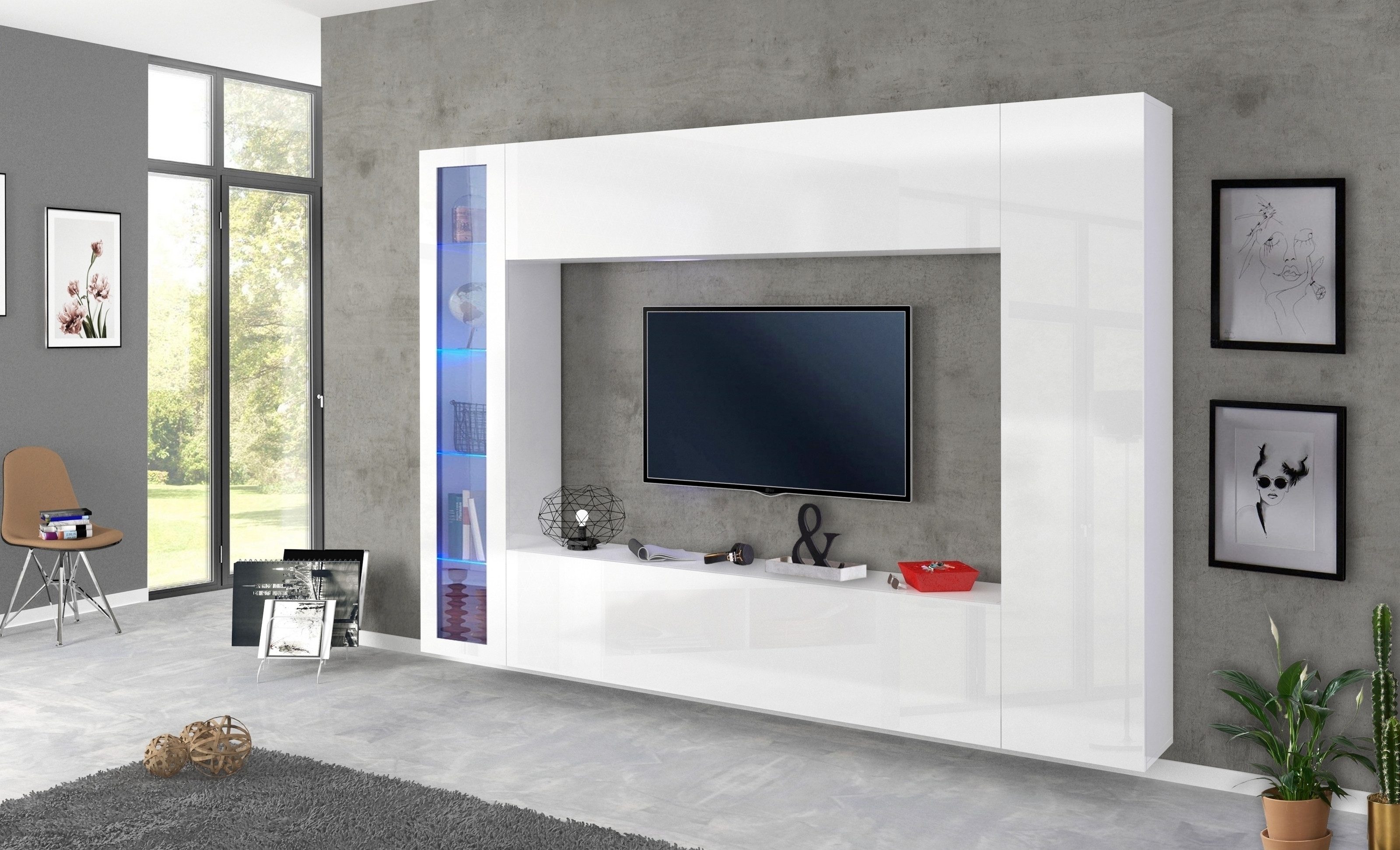 freiraum Wohnwand Benevent, (4-teilig) in Weiß Hochglanz - 260x180x30 (BxHxT)