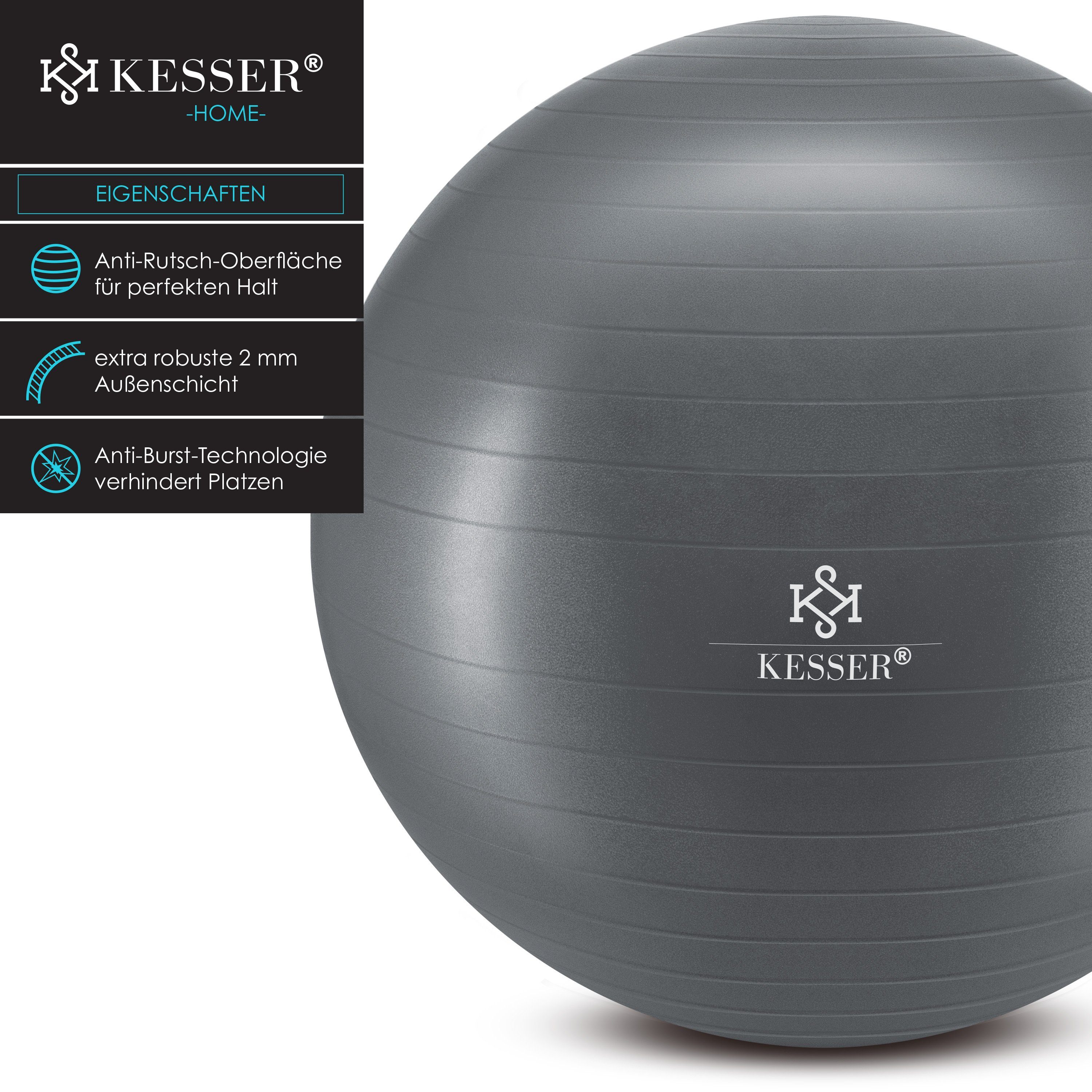 Yogaball Gymnastikball, Luftpumpe KESSER Gymnastikball BPA-Frei mit Dicker Pumpe grau