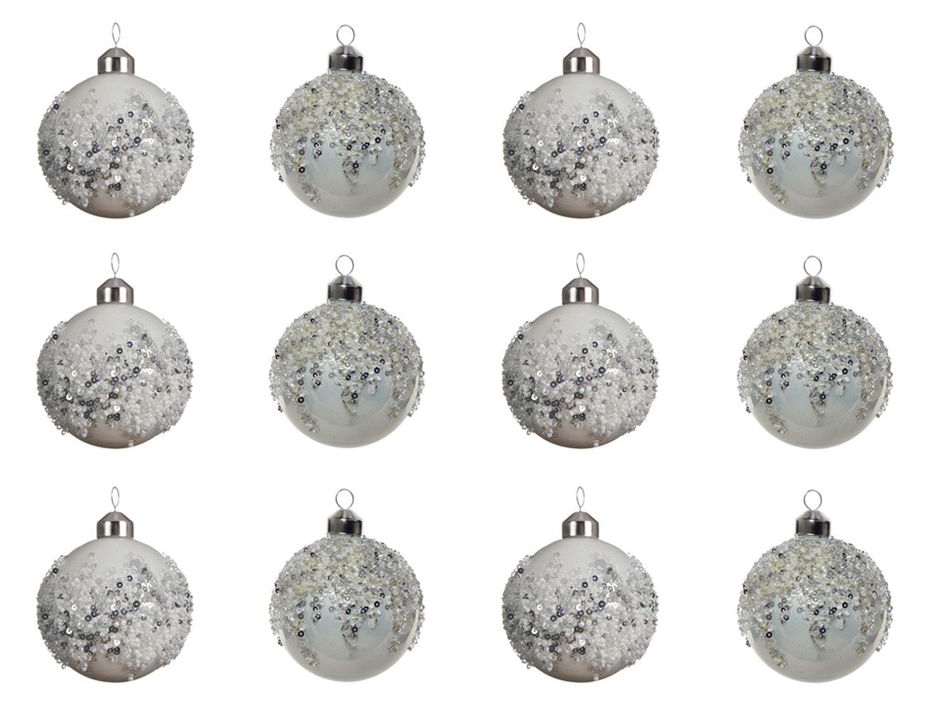 Kaemingk Weihnachtsbaumkugel, Weihnachtskugeln Glas mit Pailletten Perlen 8cm winterweiß, 12er Set