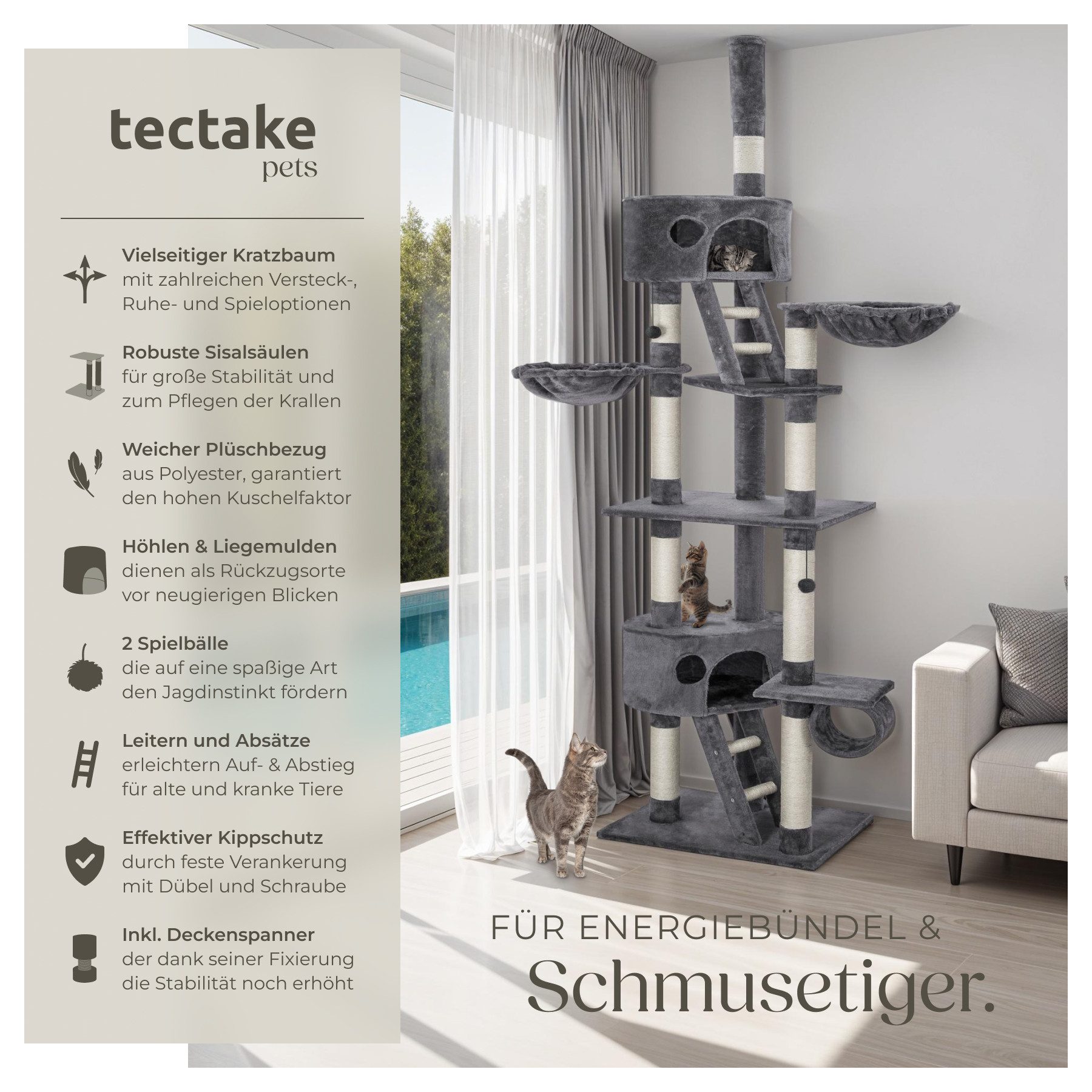tectake Kratzbaum Katzenbaum Hansi 260 cm - Diverse Farben - Grau, Vielseitig mit robusten Sisalstangen und Plüschoberfläche