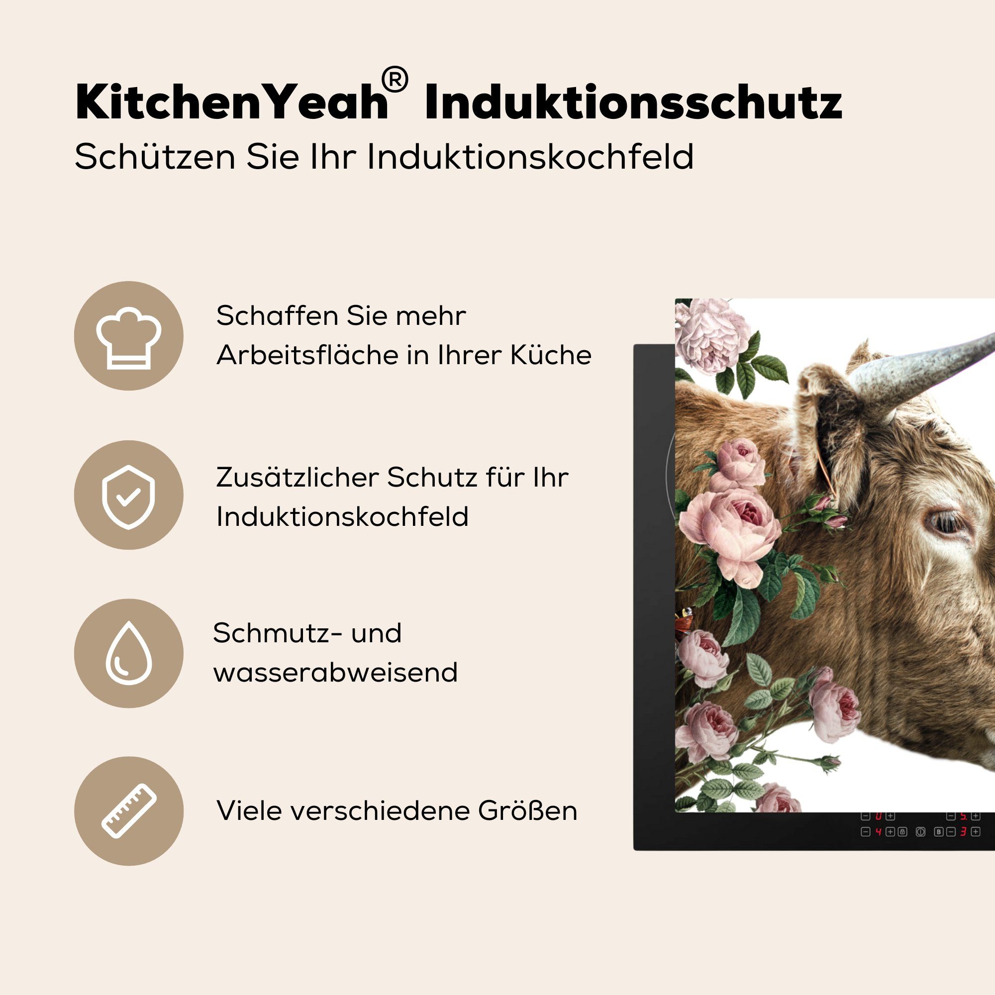 küche Blumen, cm, - Vinyl, Herdblende-/Abdeckplatte Schottischer MuchoWow Schottische Kuh Ceranfeldabdeckung, (1 - für 78x78 Arbeitsplatte tlg), Highlander