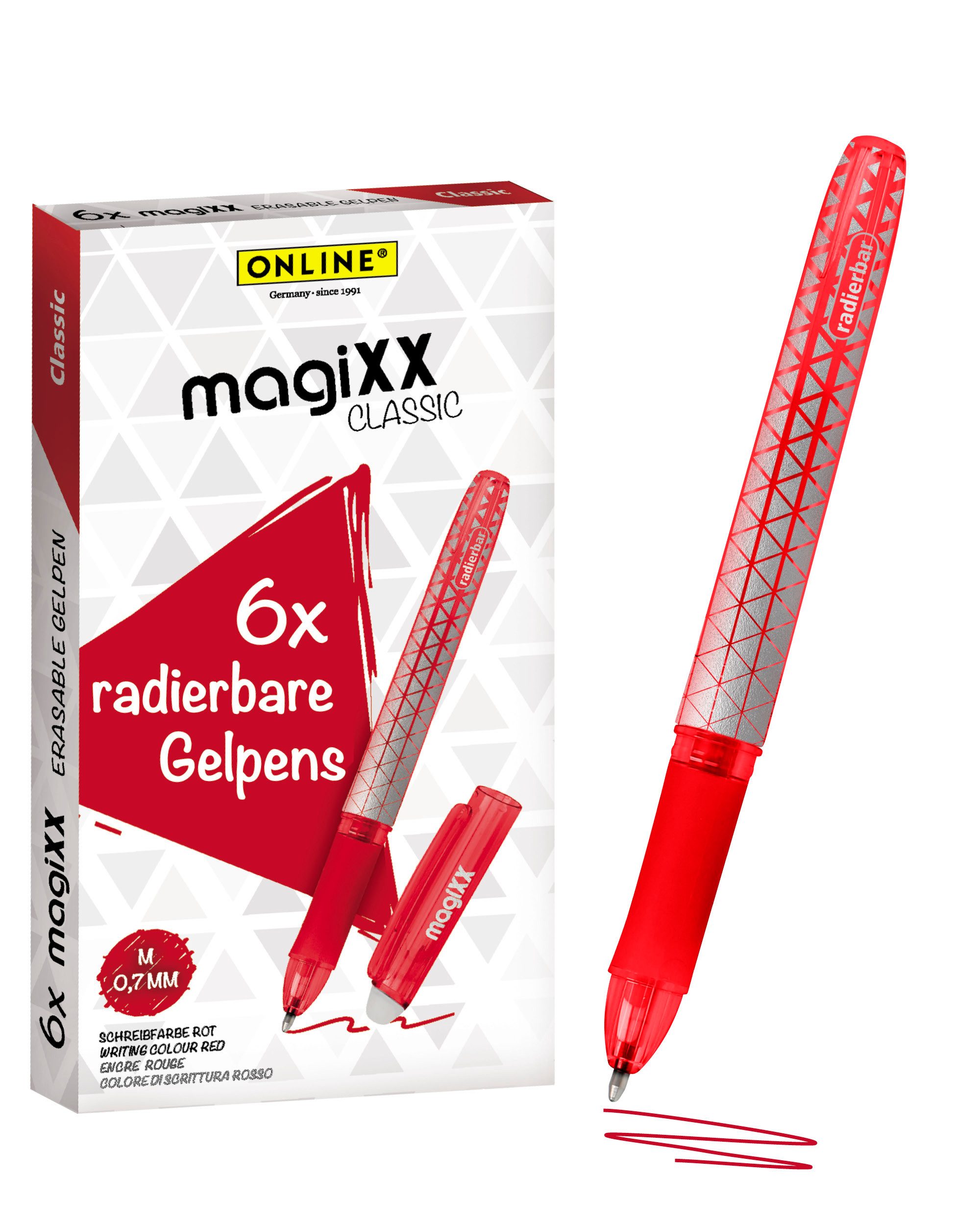 Online Pen Tintenroller magiXX Classic, (6x radierbare Gelschreiber rot, ergonomisches Griffstück), Gelpens für Schüler, Studenten, Büro